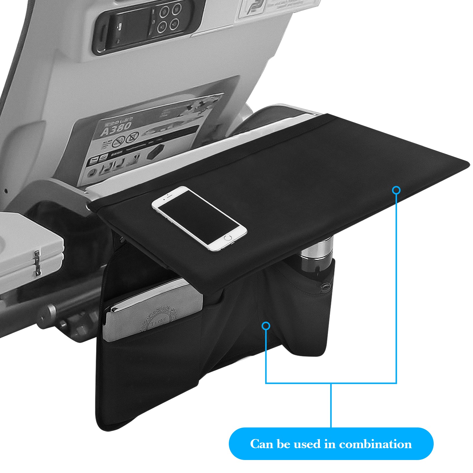 Linkidea Airplane Tray Table Cover with Under Desk Attachment Set, Travel Accessories for Seat Back Organize & Personal Item Storage, Washable Flight Accessories with Water Bottle Holder