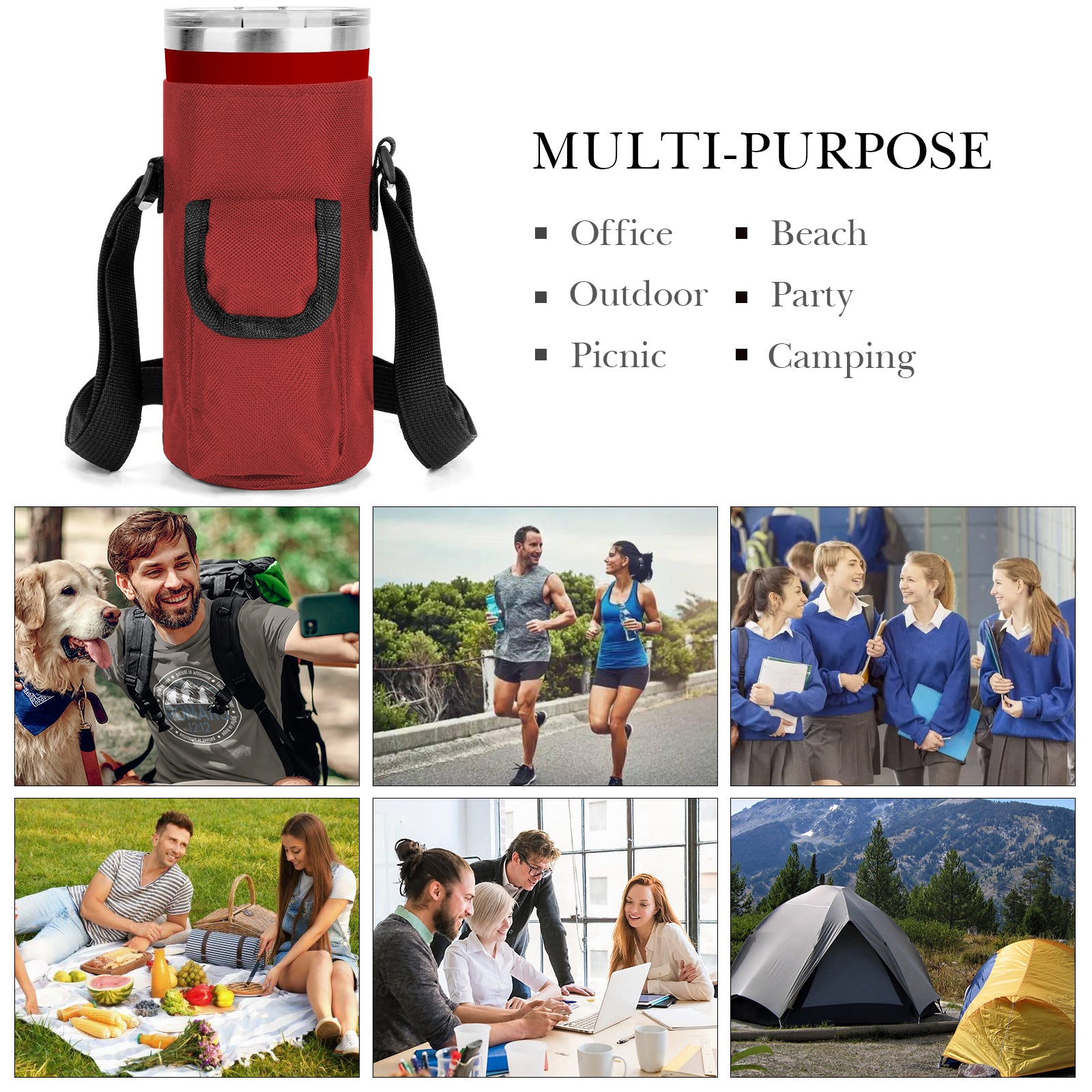 Linkidea Tumbler Carrier with Strap Compatible with YETI Rambler Tumbler 20oz, IRON °FLASK Classic Tumbler 2.0 20/24oz, Coffee Mug Sling Bag Holder, Shoulder Strap with Pocket, Red