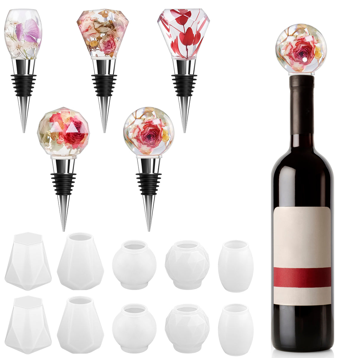 Linkidea DIY Resin Wine Stopper Kit, 10 Geometric Silicone Molds & 5 Stainless Steel Reusable Wine Bottle Stoppers, Resin Crafts for Handmade Gifts & Wine Accessories