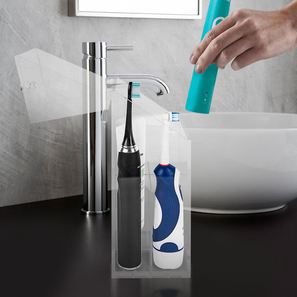 Linkidea Acrylic Electric Toothbrush Holder with Cover, Toothpaste Stand with Draining Hole, Countertop 4 Slots Organizer Compatible with Philip Sonicare, Oral-B iO Series, Aquasonic (Clear)