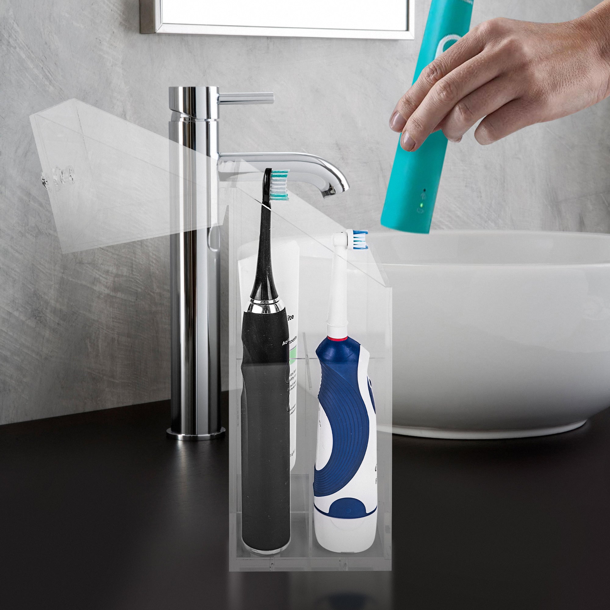 Linkidea Acrylic Electric Toothbrush Holder with Cover, Toothpaste Stand with Draining Hole, Countertop 4 Slots Organizer Compatible with Philip Sonicare, Oral-B iO Series, Aquasonic (Clear)