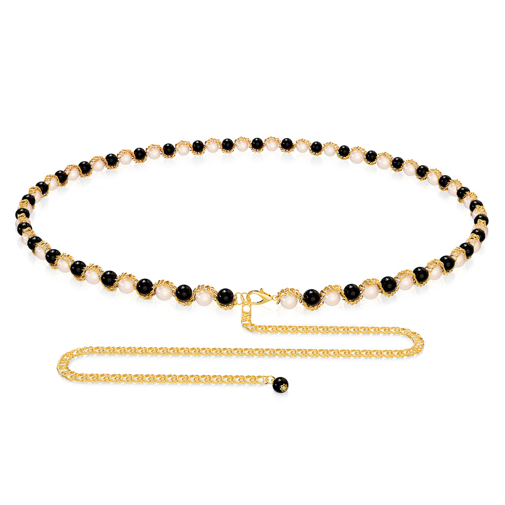 Plus Size Chain Belt for Women, Gold Color and Black White Faux Pearl Waist Chains, Extra Long Body Chain, 31-51 Inch Adjustable Chunky Belt Chain