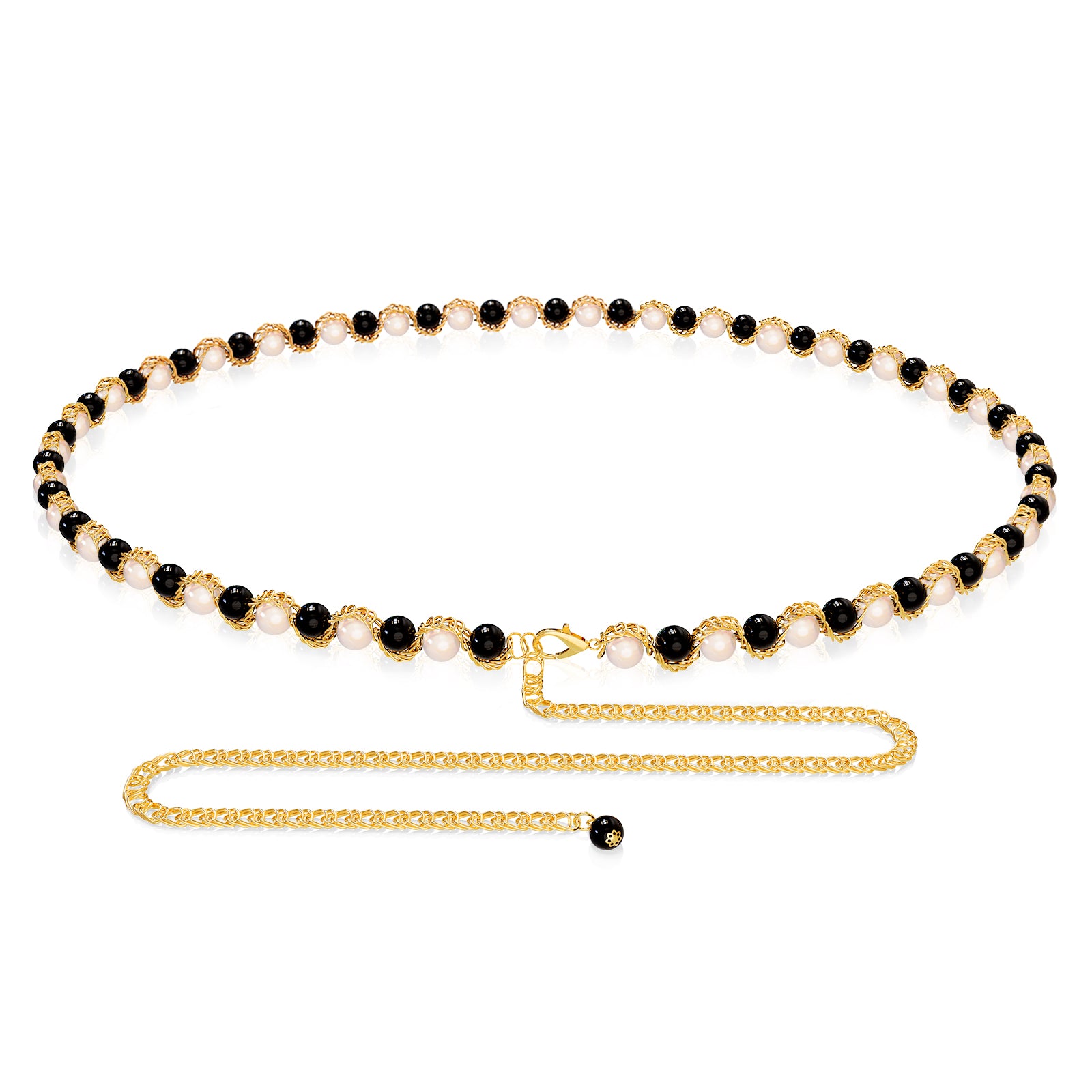 Plus Size Chain Belt for Women, Gold Color and Black White Faux Pearl Waist Chains, Extra Long Body Chain, 31-51 Inch Adjustable Chunky Belt Chain