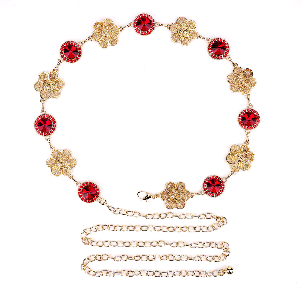 Plus Size Chain Belt for Women, Gold and Red Waist Belt, 59 Inch Extra Large Adjustable Chunky Fashion Body Chain for Dresses, Party, Casual Wear, Jewelry Accessory