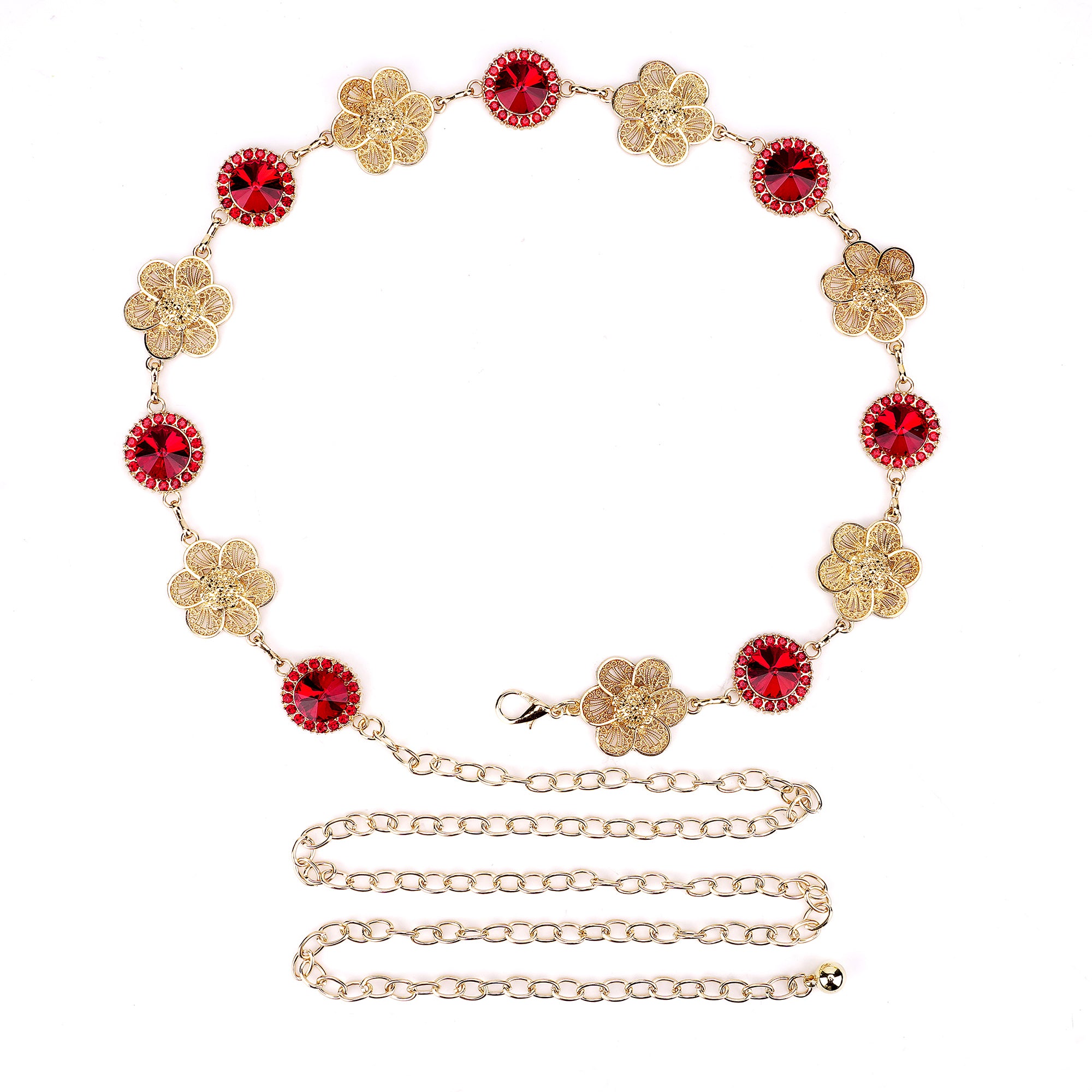 Plus Size Chain Belt for Women, Gold and Red Waist Belt, 59 Inch Extra Large Adjustable Chunky Fashion Body Chain for Dresses, Party, Casual Wear, Jewelry Accessory