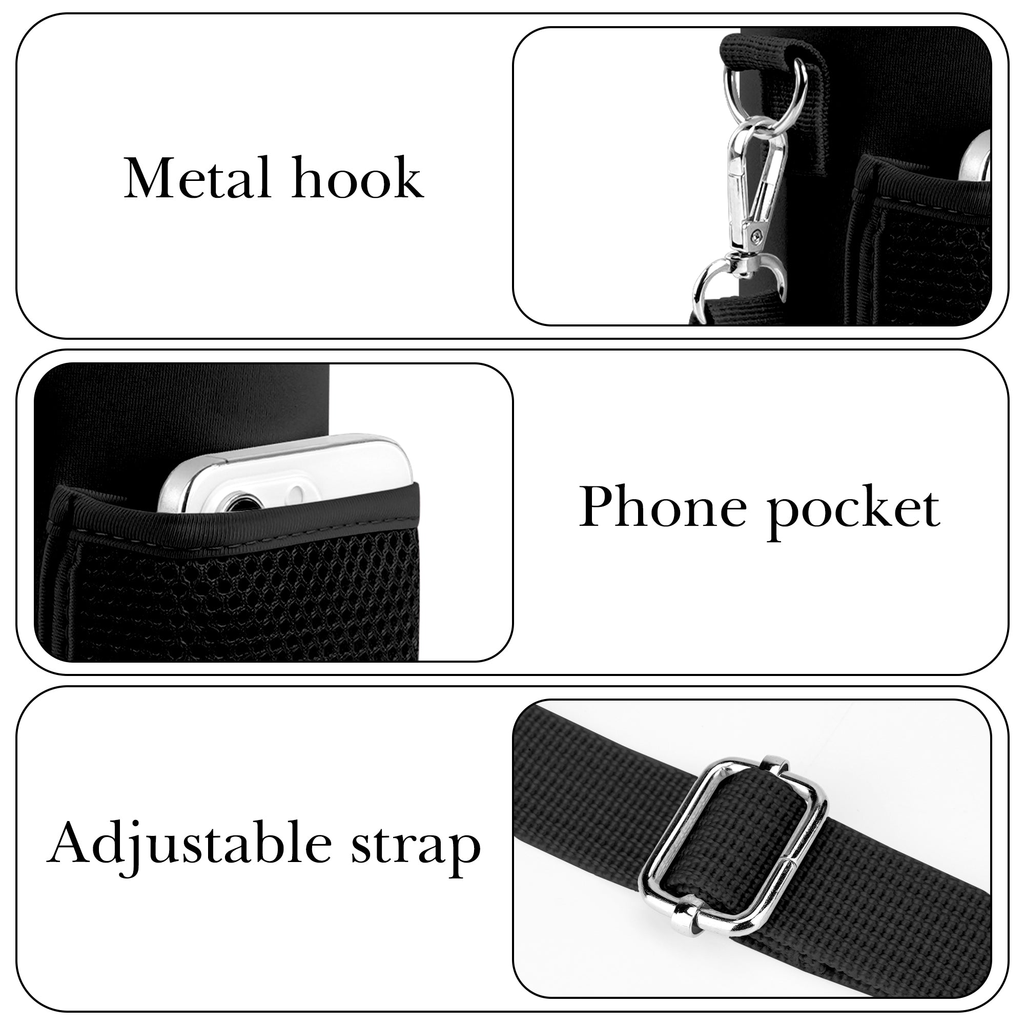 Linkidea Water Bottle Carrier with Strap Compatible with Stanley Quick Flip GO 24/36oz, IceFlow Fast Flow 24/36oz, Waterbottle Sling Bag Holder, Shoulder Strap with Phone Mesh Pocket, Black