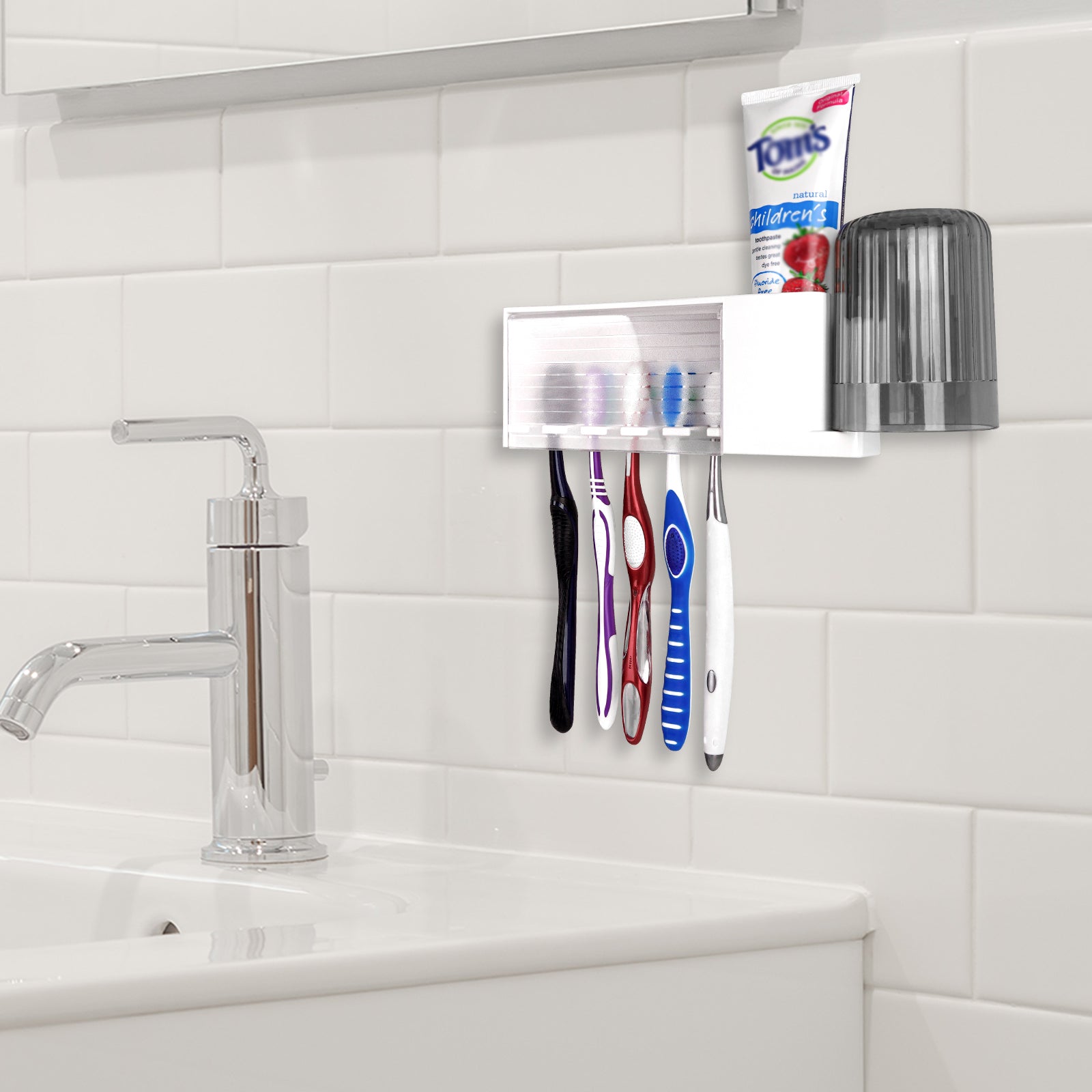 Linkidea 5 Slots Wallmount Toothbrush Holder with Cover for Shower, Plastic Multifunctional Toothpaste Toothbrush Organizer Compatible with Oral-B Cross Action, Colgate Renewal(White)