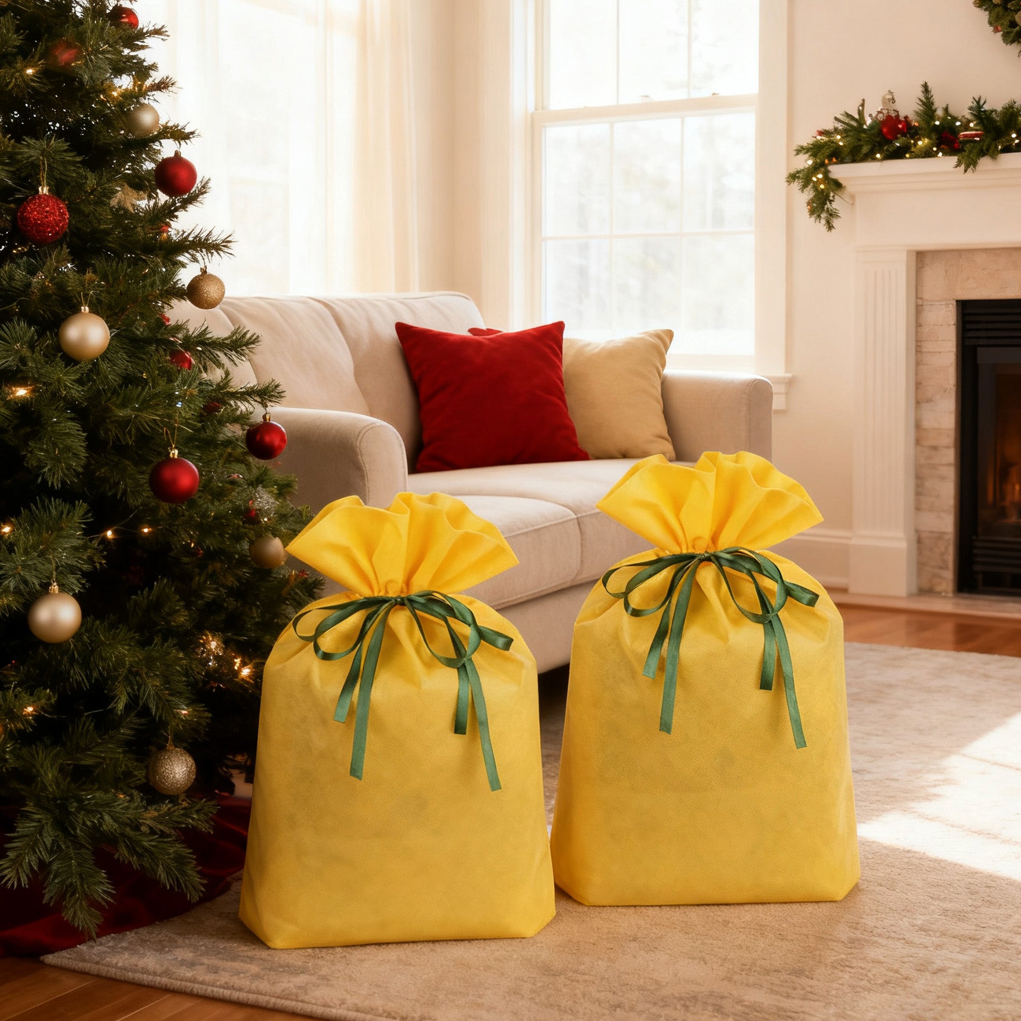 Linkidea 4 Pack Yellow Reusable Drawstring Gift Bags, Fabric Party Favor Bags for Birthday, Christmas, Holiday, Toy Storage Pouch for Building Blocks, Bricks, Goodie & Treat Bags (Yellow)