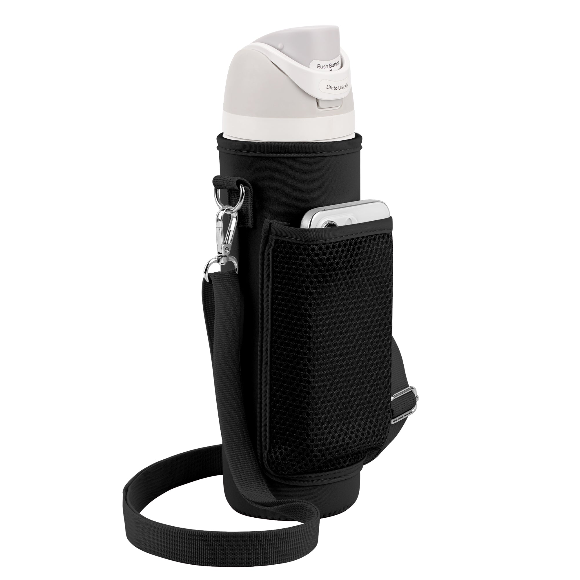 Linkidea Water Bottle Carrier with Shoulder Strap Compatible with Owala FreeSip Bottle 24oz, Waterbottle Sling Bag Holder with Mesh Phone Pocket, Black