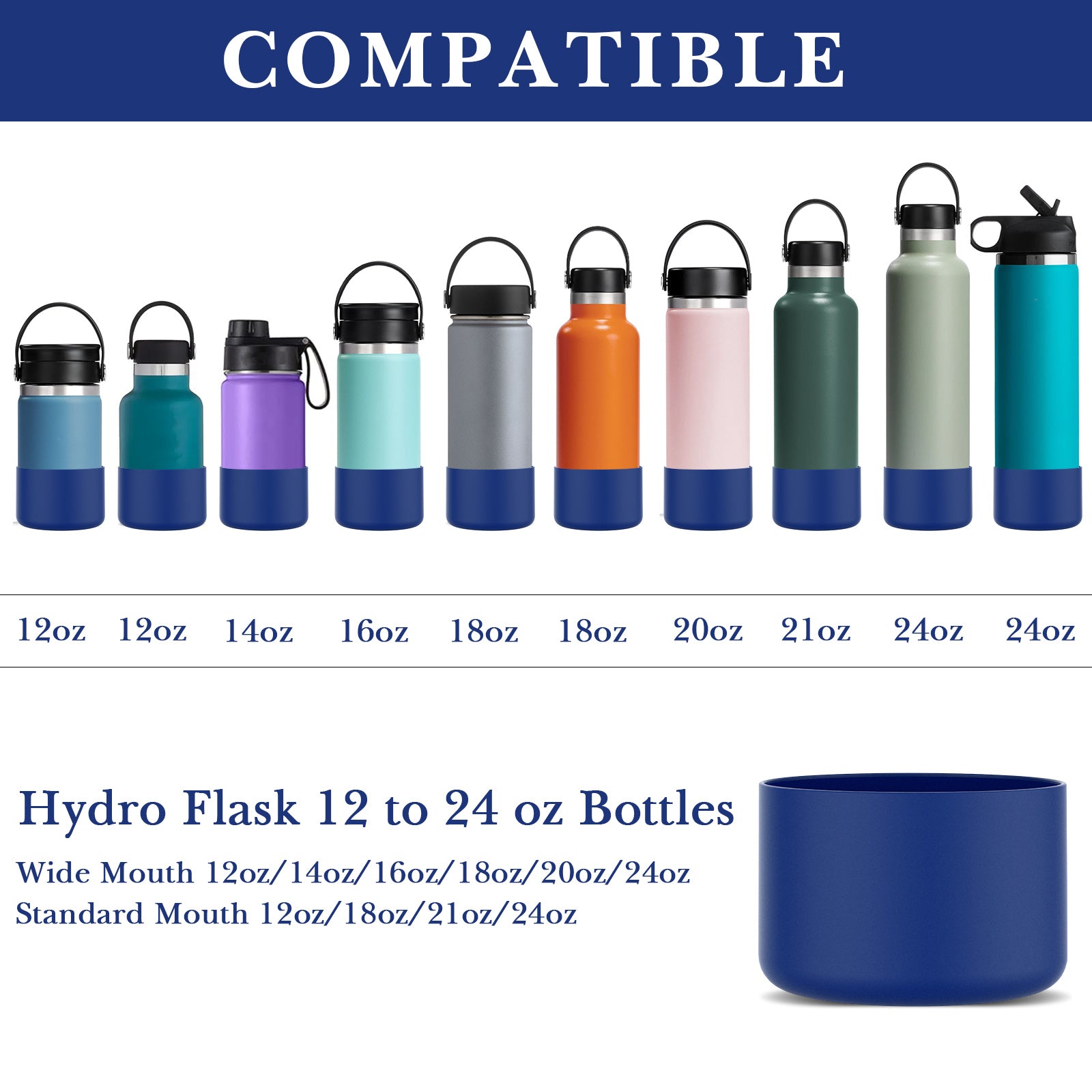 Linkidea 2 Pack Water Bottle Boot Compatible with Hydro Flask Wide Mouth Bottle 12oz/14oz/16oz/18oz/20oz, Silicone Bottle Bottom Sleeve Bumper Protector (Cobalt)