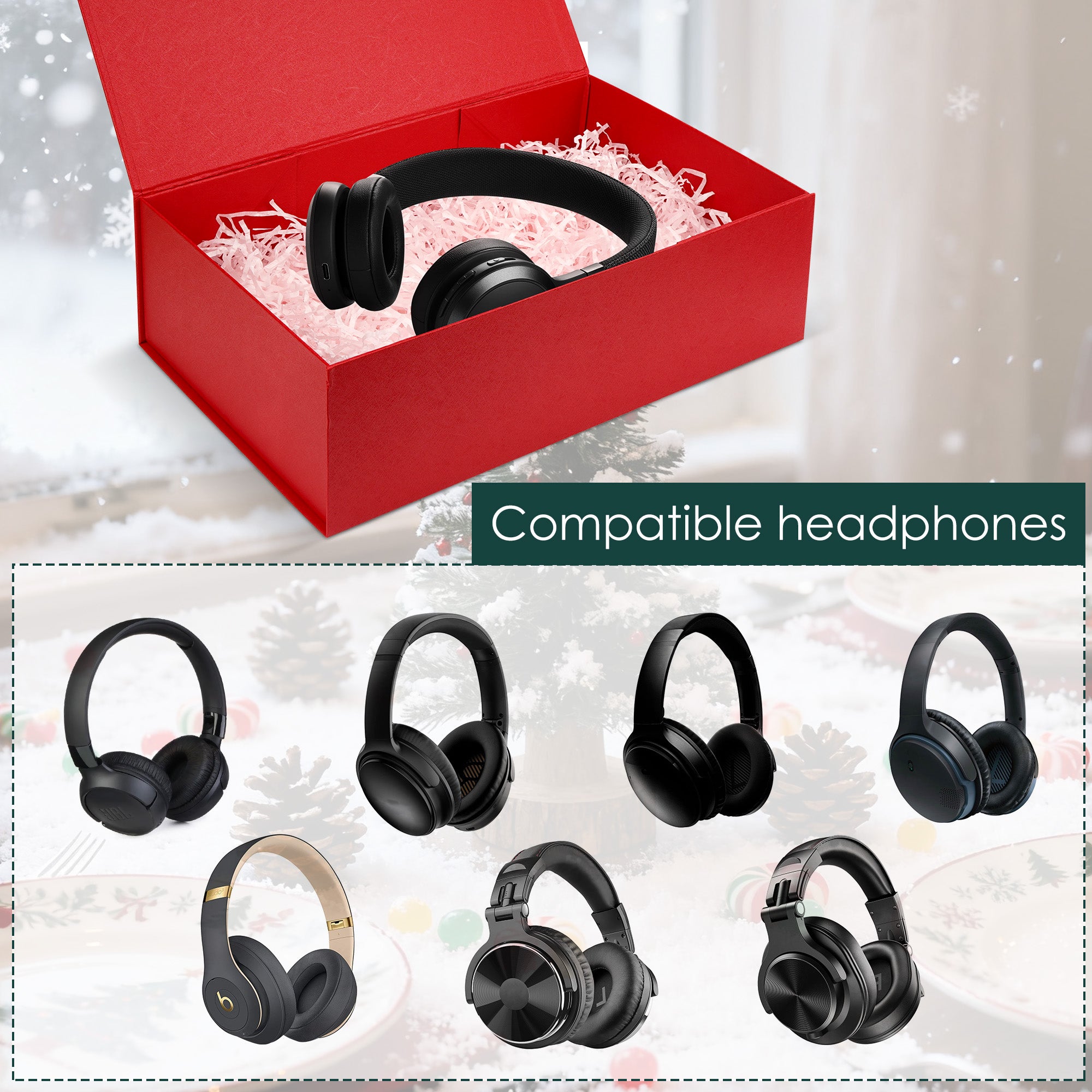 Linkidea Quick Assemble Luxury Gift Box with Magnetic Closure, Large Packaging Box with Ribbon, Shredded Paper Card, Compatible with JBL, Beats, Bose Over-Ear Headphone Gifts (Red)