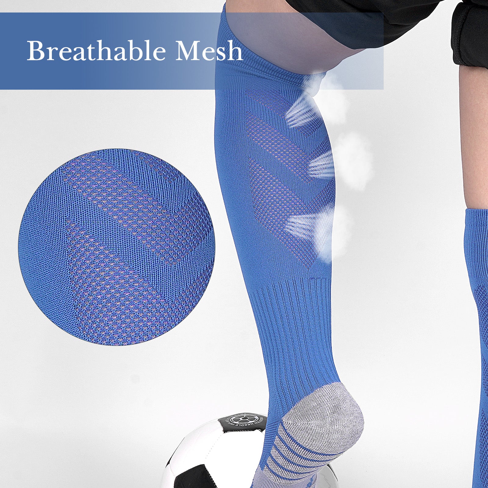 Linkidea Kids Soccer Socks with Shin Guards, 2 Pairs Breathable Knee High Socks with Lightweight Shin Pads, Long Sleeve Cushion Socks for Child 4-6 Years Over the Calf Soccer Socks (Blue, S)
