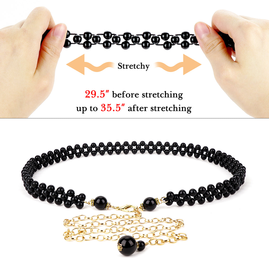 Plus Size Waist Belt for Women, 30-40 Inch Stretchable Chunky Body Chain, Black Pearl Adjustable Fashion Jewelry Accessory