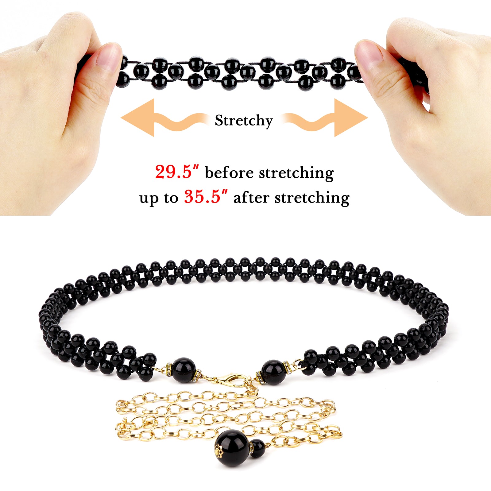 Plus Size Waist Belt for Women, 30-40 Inch Stretchable Chunky Body Chain, Black Pearl Adjustable Fashion Jewelry Accessory