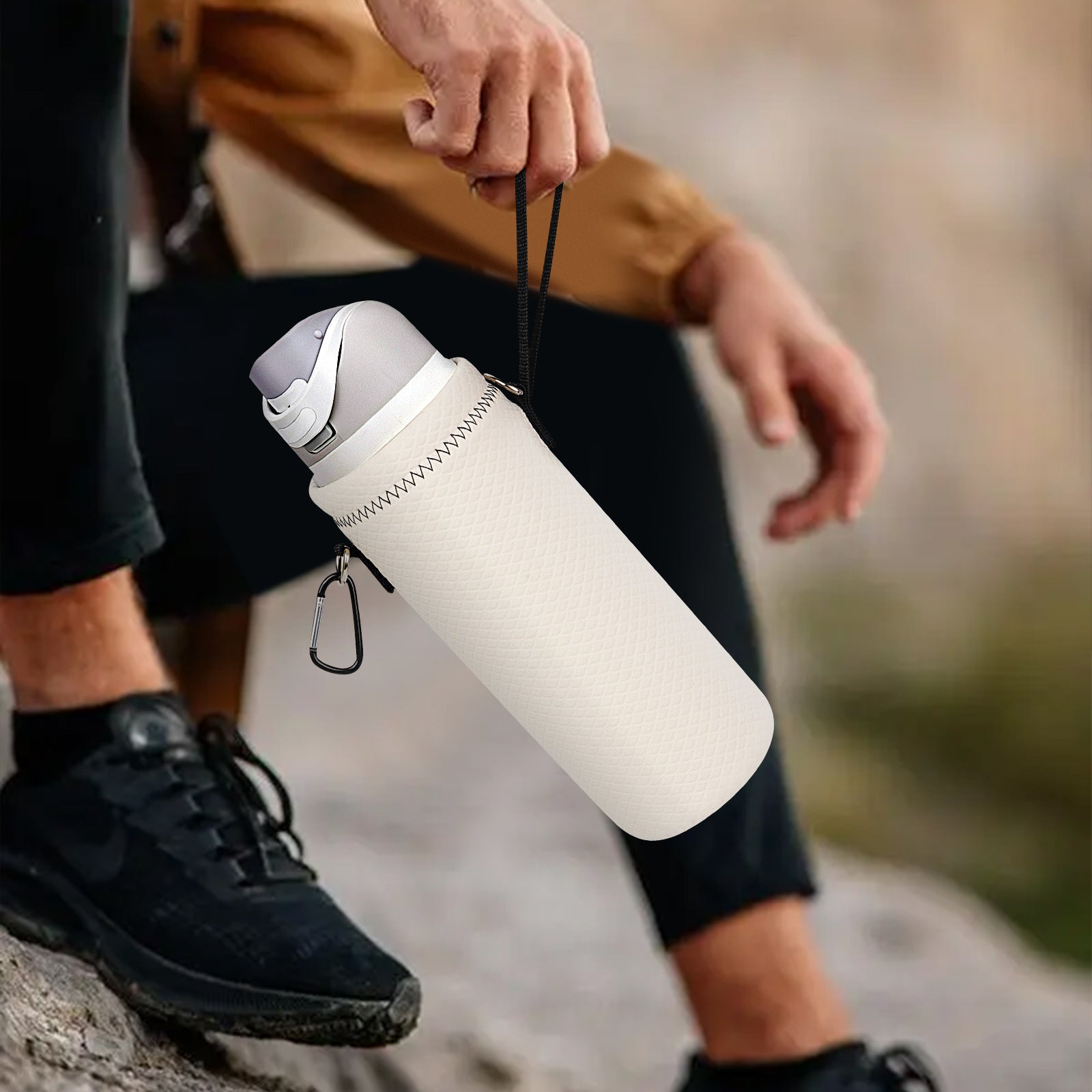 Linkidea Water Bottle Carrier with Strap Compatible with Owala FreeSip 24oz, Twist 24oz, Potter 24oz Water Bottle, Neoprene Waterbottle Sling Bag Holder, Shoulder Strap, Off White