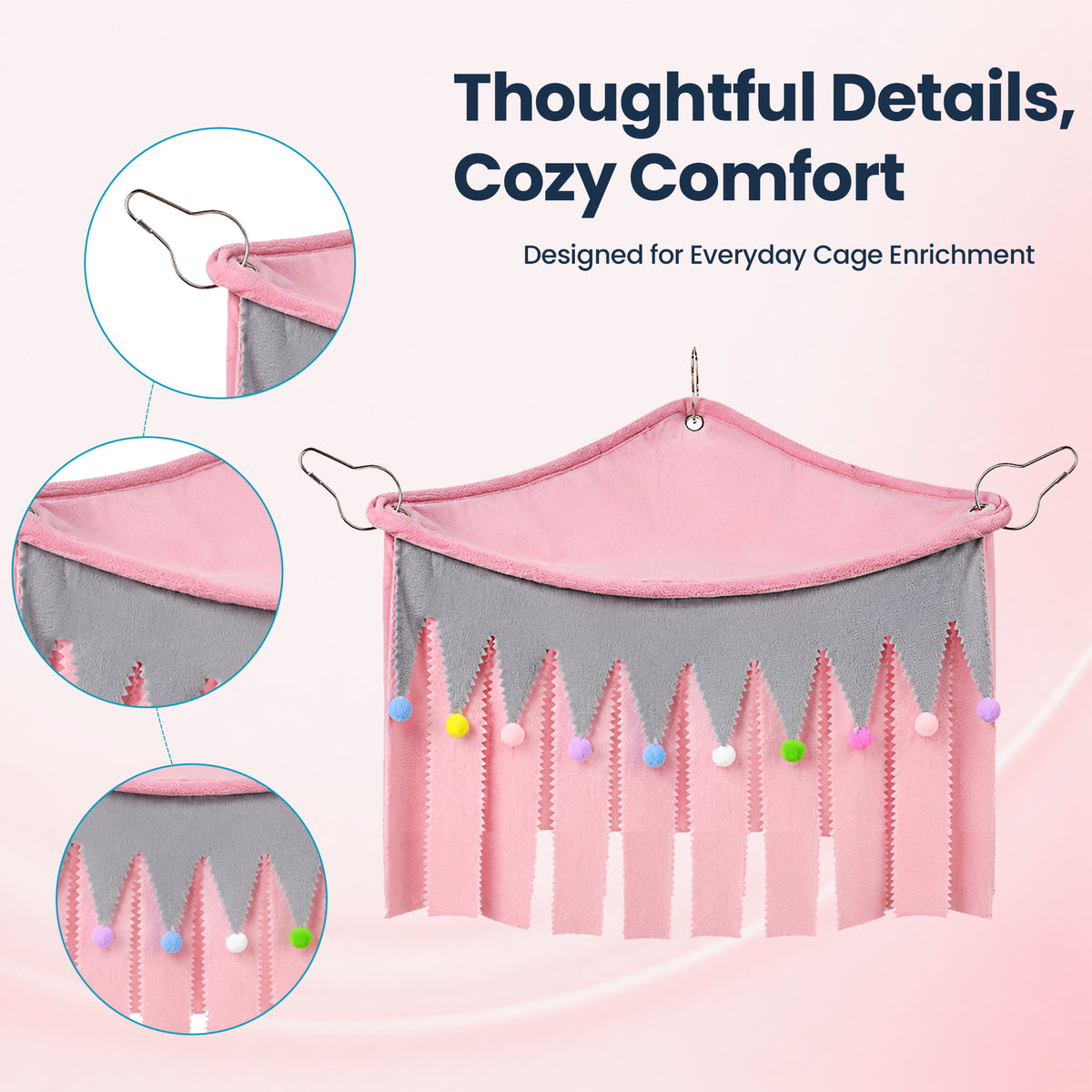 Corner Fleece Hideout Hammock for Small Animals, Cozy Hanging Cage Bed with Tassel Curtain, Soft Habitat Shelter with 3 Metal Hooks for Guinea Pigs, Rabbits, Ferrets, Chinchillas, Rats