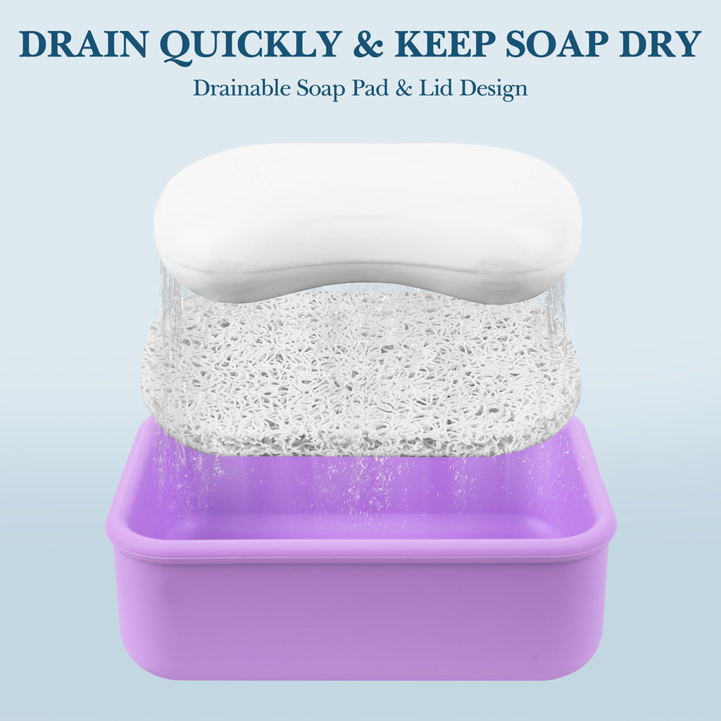 Linkidea Silicone Travel Soap Storage Box, Compact Bar Soap Holder with Drainage Layer, Shatterproof Better Storage, Suitable for Bathroom, Gym (Purple)
