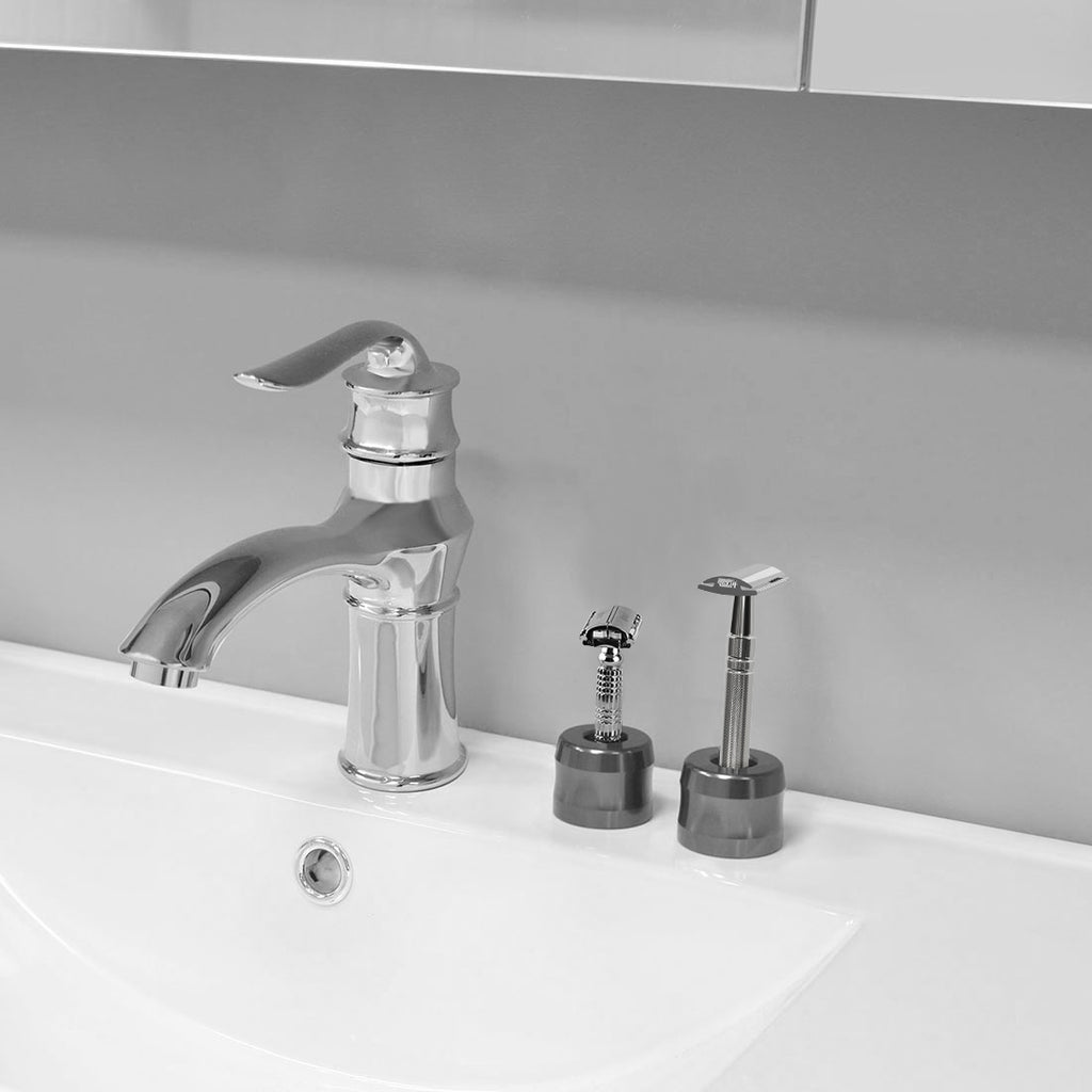 Linkidea 2 Pack Safety Razor Stand, Opening Dia 0.7" (18.5mm) Men Shaving Stand for Bathroom Countertop Compatible with Gillette SkinGuard (Dark Grey)