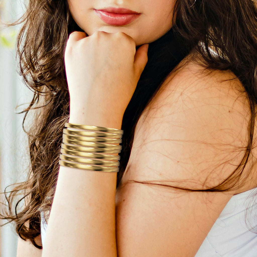 75 mm (2.95") Bangle Set for Women, 6 mm Wide Gold-Tone Stainless Steel Stackable Bracelets - Fits Palm Width up to ~110 mm