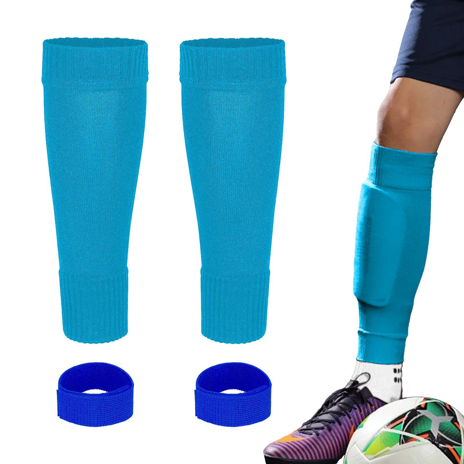 Linkidea Kids Soccer Leg Sleeve with Shin Guard Straps, Elastic Compatible with Grip Socks, Best Alternative to Soccer Athletic Socks for Child 6-8 Years (Blue)