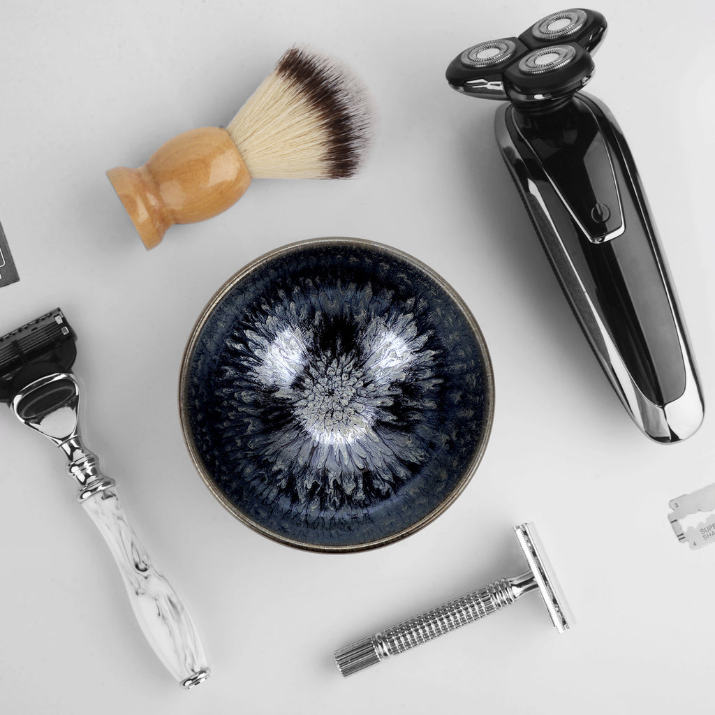 Linkidea Handmade Ceramic Shaving Bowl, Wide Mouth Shave Soap Lather Bowl for Men, Jian Zhan Glaze Wet Shaving Mug (Blue)