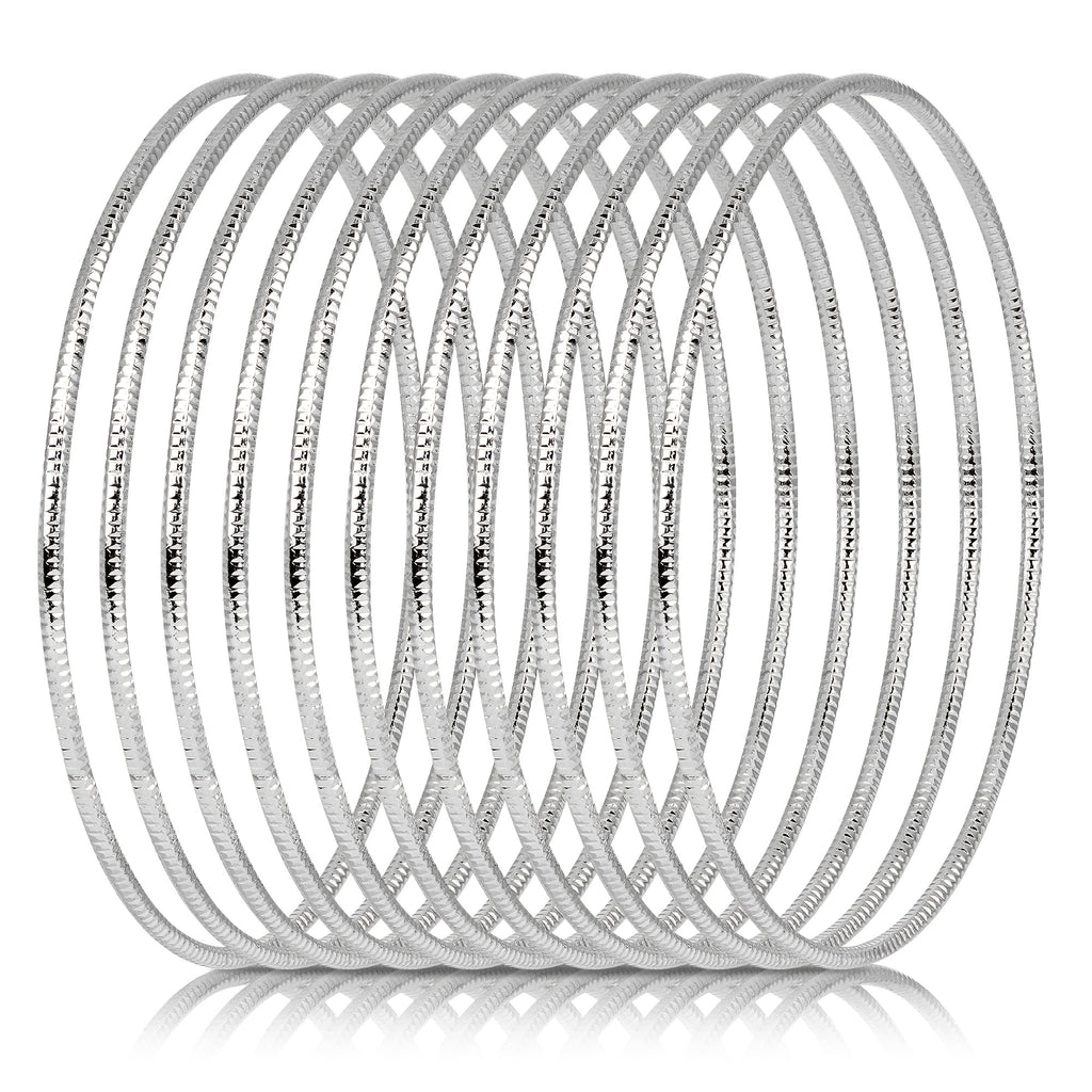 10-Piece Silver Tone Extra-Large Bangle Set for Women, 2.68" Fixed Round Bracelets, Thin Stackable Textured Bangles for Large Hands, Non-Adjustable
