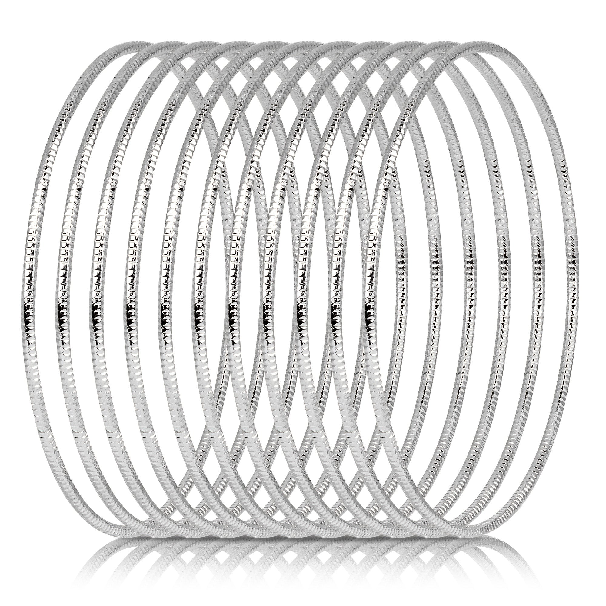 10-Piece Silver Tone Extra-Large Bangle Set for Women, 2.68" Fixed Round Bracelets, Thin Stackable Textured Bangles for Large Hands, Non-Adjustable