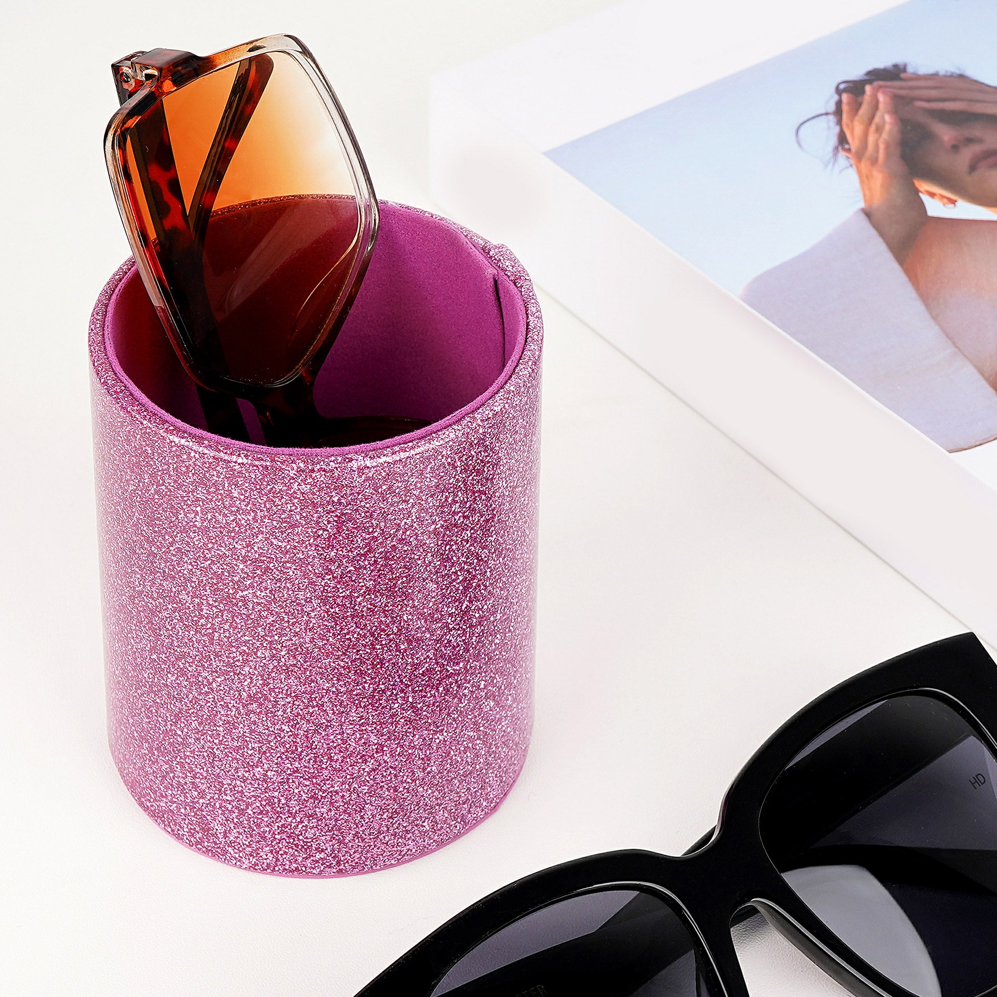 Extra Large Sunglasses Desk Holder Stand, 2 Pack Purple Vegan Leather Eyeglasses Display Storage with Flock Lining, Sunwear Organizer Compatible with Persol PO3350S/PO2475S/PO2445S/PO3217S