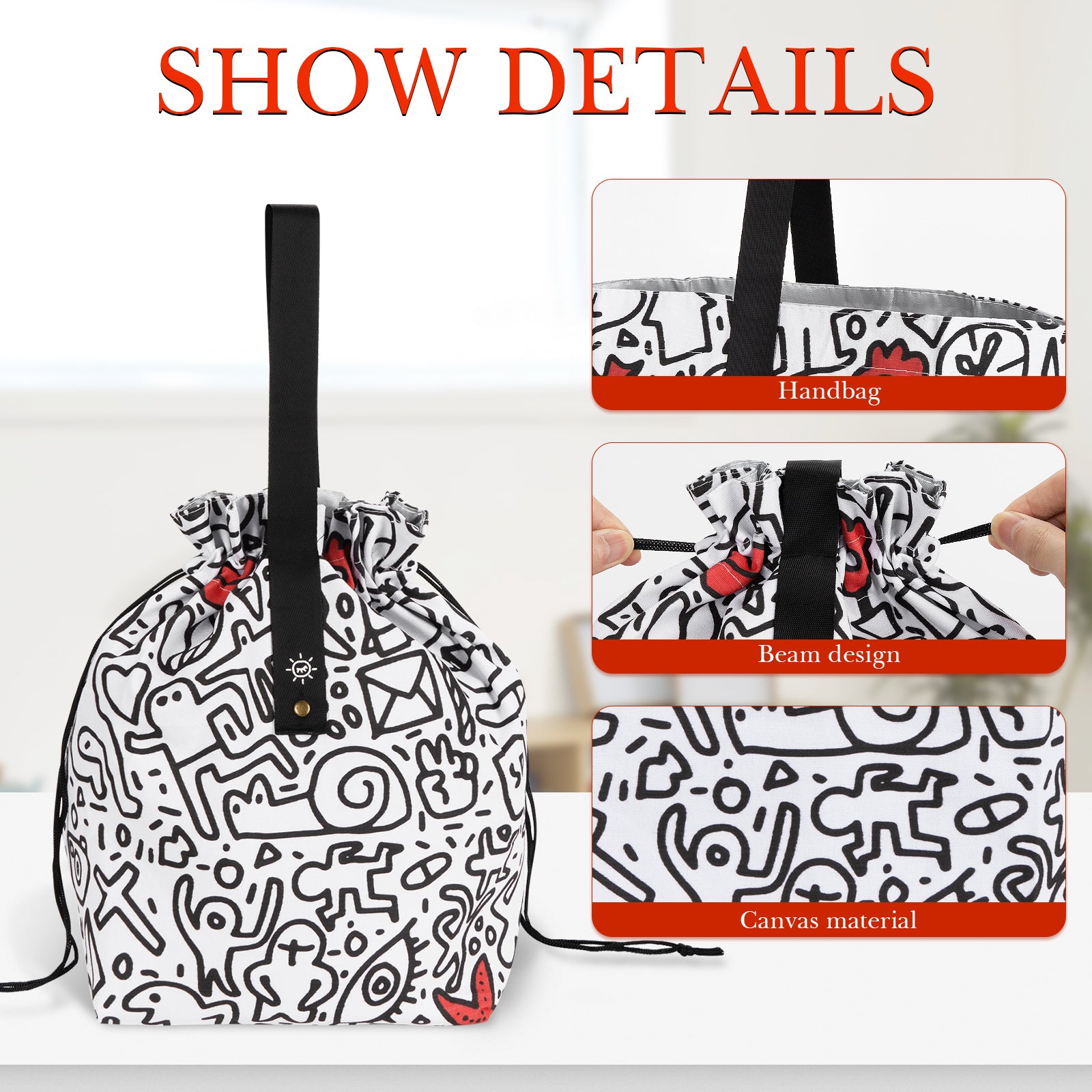 Linkidea Cute Lunch Bag with Handle, Drawstring Swig Lunch Bag, Cute Lunch Bags for Women Work Picnic Travel, Compatible with Bentogo, LunchBots, EasyLunchboxes (White)