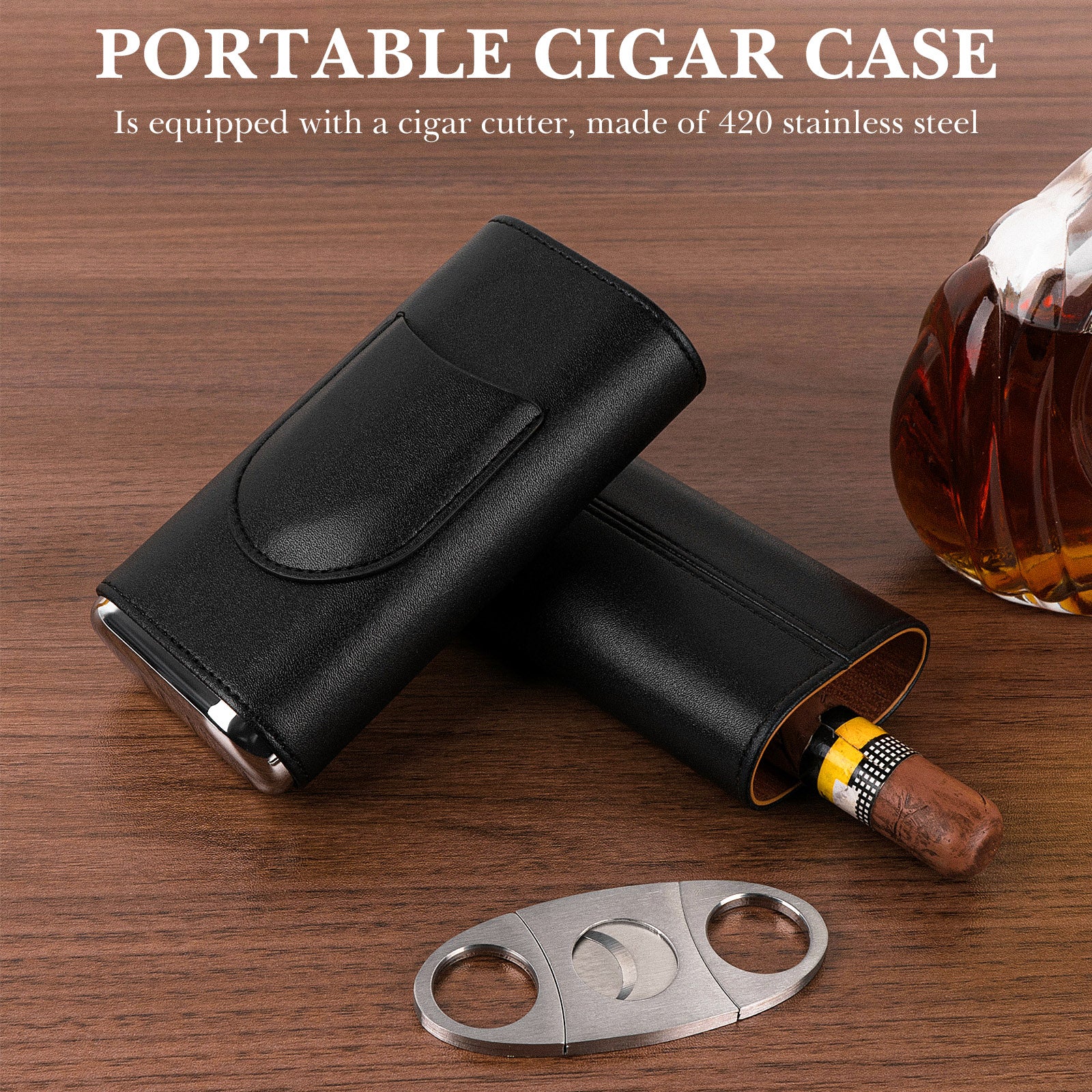 Linkidea Travel Cigar Humidor Case, Luxury Vegan Leather Portable Cigar Holder with Cedar Wood Lining, Holds 3 Cigars, Stainless Steel Cutter, Gift for Men & Business Travel (Black)