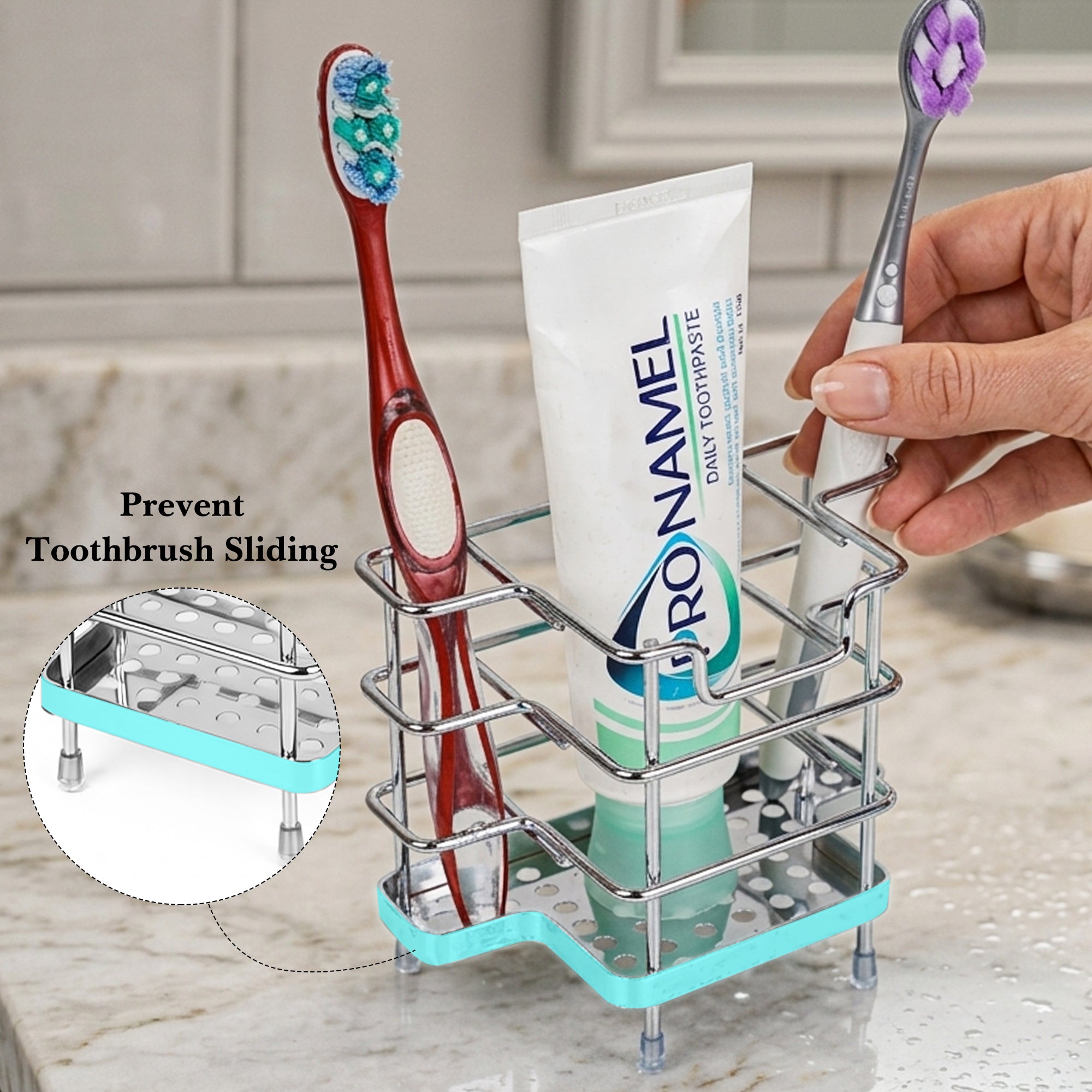 Linkidea Wall Mount Toothbrush Holder, 3 Slots Brush Stand with Drainage Holes Design, Self Adhesive/Countertop Toothpaste Organizer
