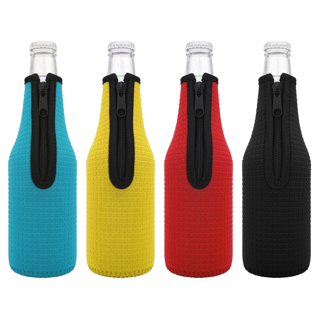 Linkidea 4 Pack Glass Beer Bottle Cooler for 12 Oz, Non-slip Thick Neoprene Insulators, Beer Bottle Sleeve Beverage Covers with Zip (Black/Blue/Red/Yellow)