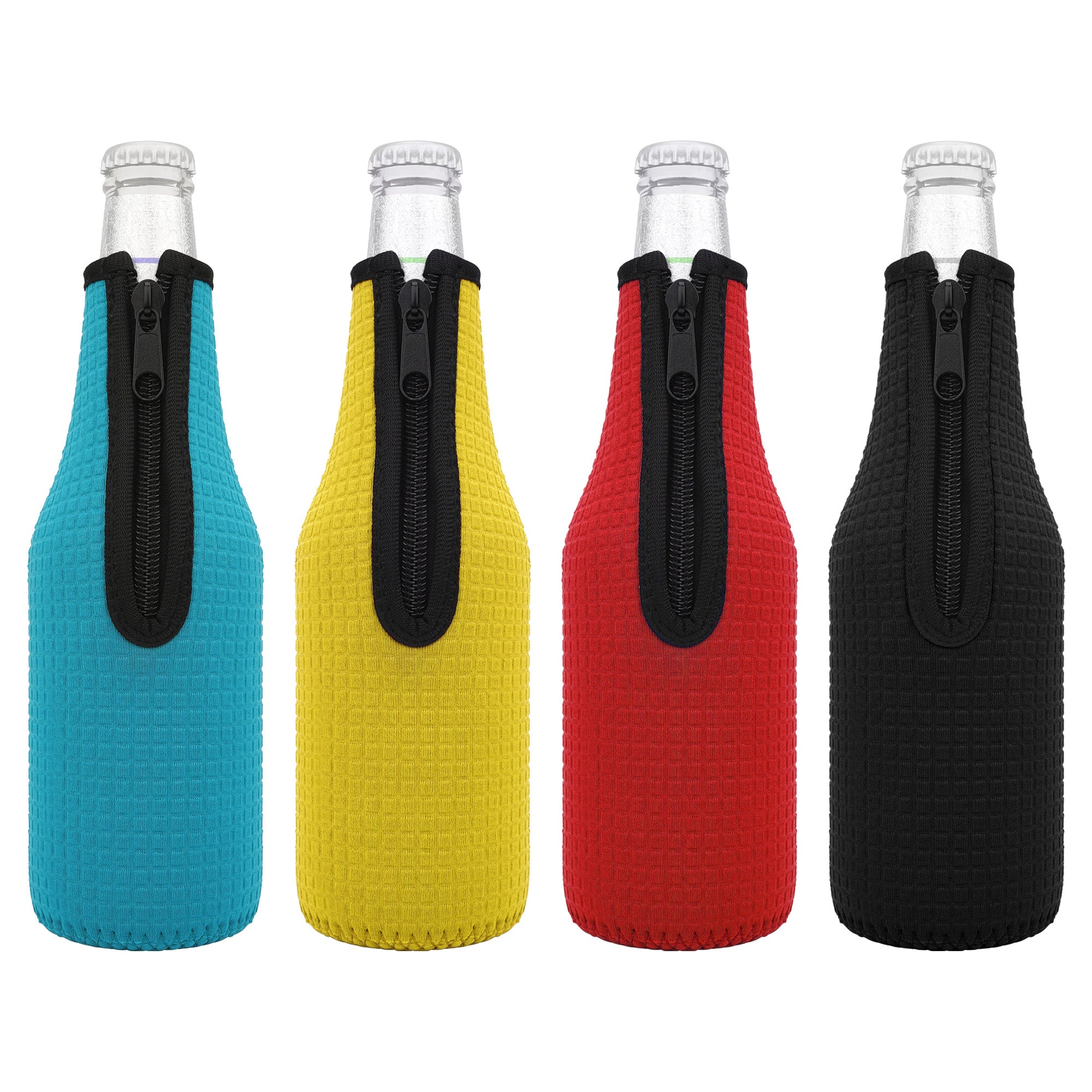 Linkidea 4 Pack Glass Beer Bottle Cooler for 12 Oz, Non-slip Thick Neoprene Insulators, Beer Bottle Sleeve Beverage Covers with Zip (Black/Blue/Red/Yellow)