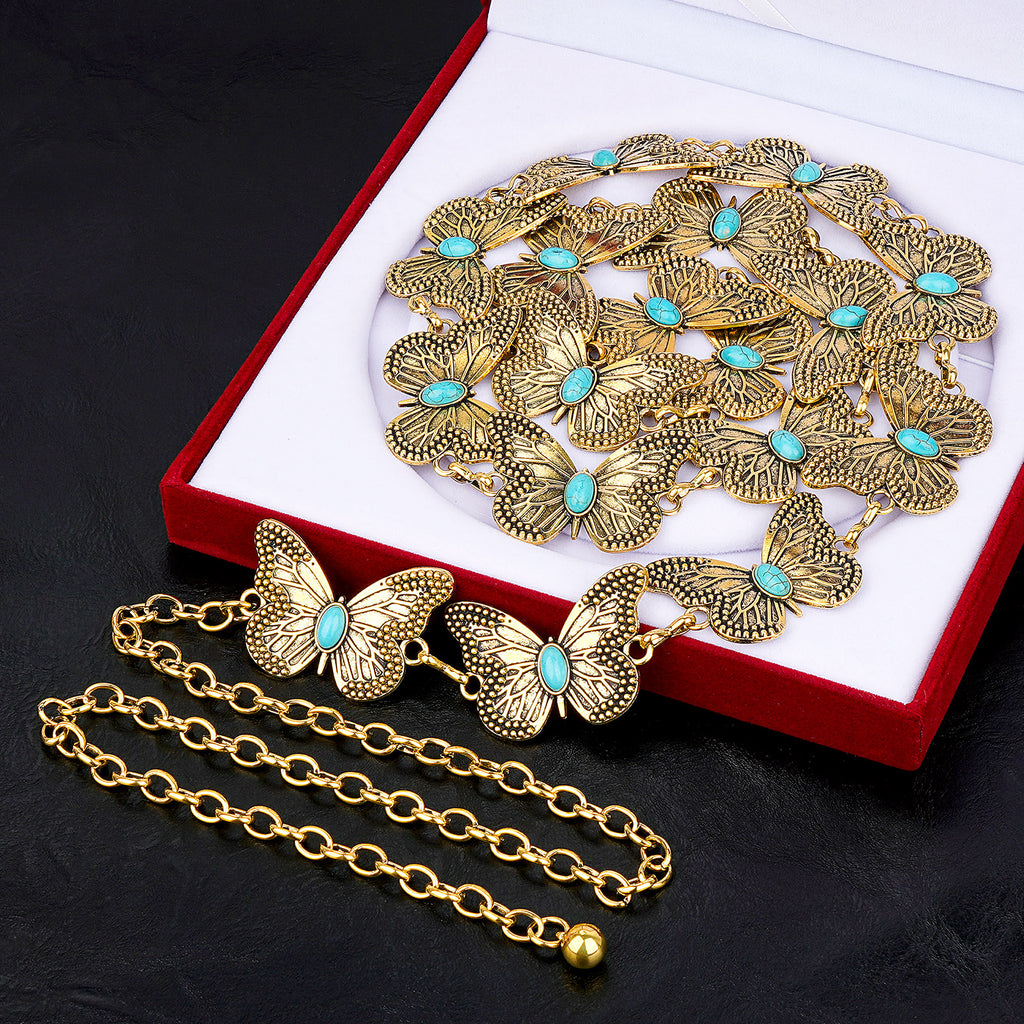 Plus Size Chain Belt for Women, Turquoise Stone Gold Metal Chain Belt Women Belly Waist Chains, Extra Long Body Chain, 59 Inch Adjustable Chunky Belt Chain (Butterfly Style)