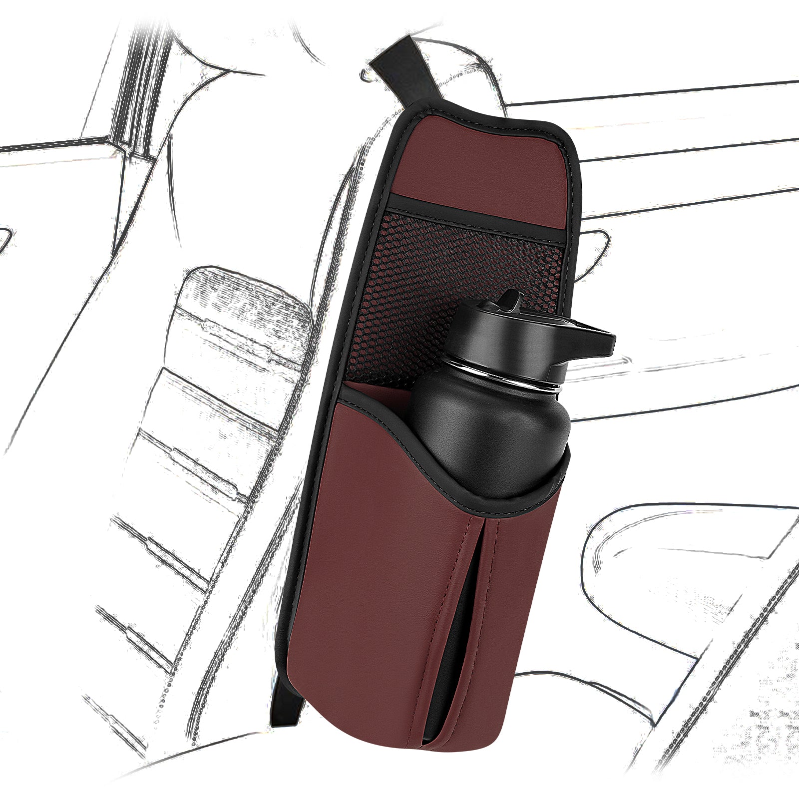 Linkidea Car Seat Side Water Bottle Organizer Compatible with YETI Rambler Bottle 26oz/36oz, Owala FreeSip 32oz/40oz, Vehicle Seat Side Storage Hanging Bag Holder for Large Bottles, Wine Red
