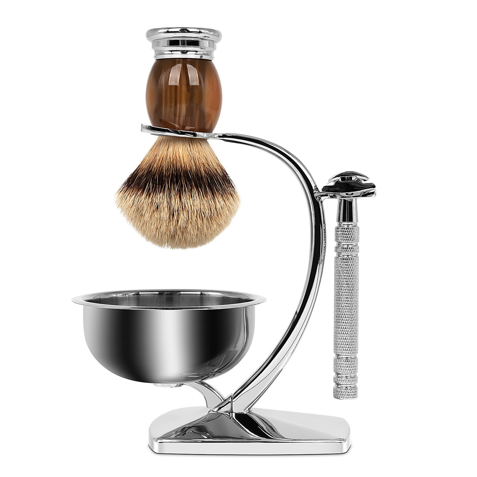 Linkidea Universal Safety Razor Brush Stand with Shaving Bowl, Men's Stainless Steel Grooming Holder and Soap Bowl for Bathroom, Compatible with Gillette Vector 3 (Silver)