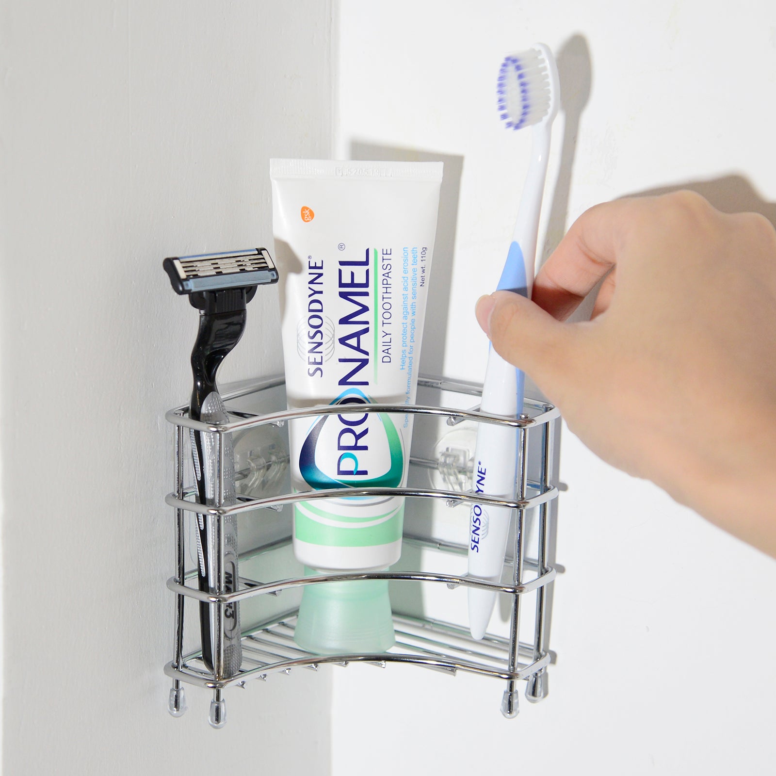 Linkidea Corner Wall Mount Toothbrush Holders for Bathroom, Self Adhesive Triangle Corner Shower Shelf for Tile Walls, Stainless Steel Electric Toothbrush Toothpaste Organizer (Silver)