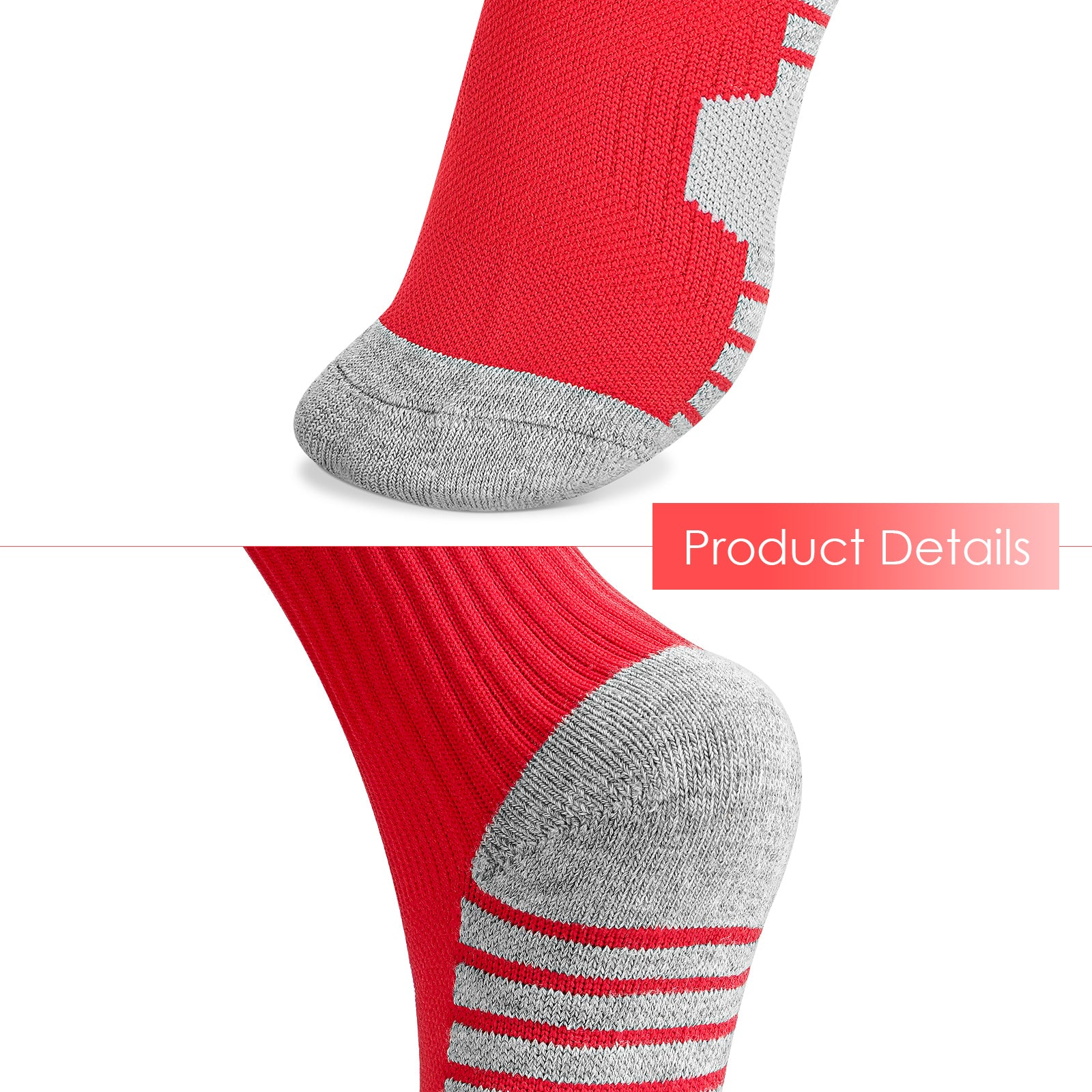 Linkidea Kids Soccer Socks with Shin Guards, 2 Pairs Breathable Knee High Socks with Lightweight Shin Pads, Long Sleeve Cushion Socks for Child 7-9 Years Over Calf Soccer Socks (Red&Blue, M)