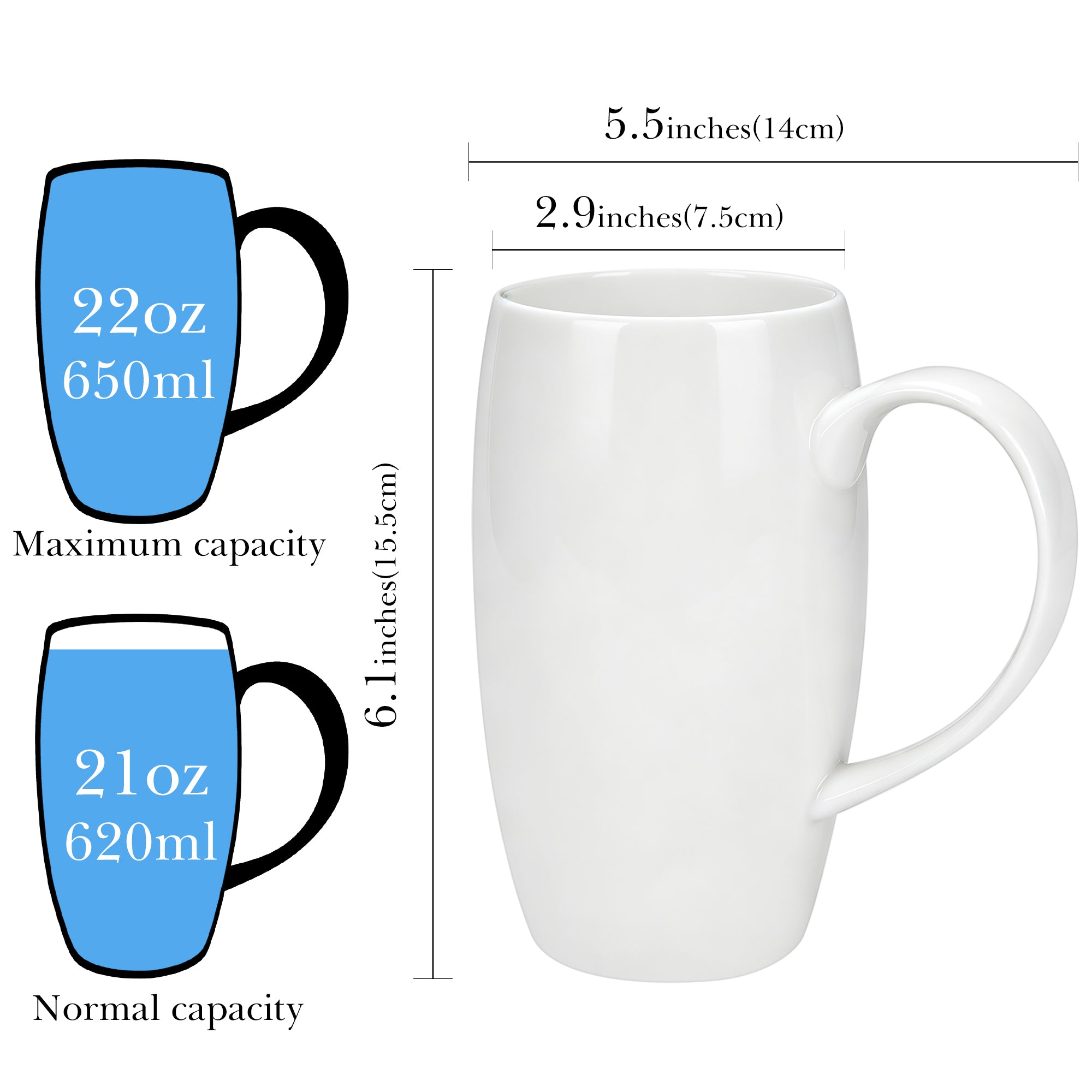 Linkidea 22oz Extra Large Fine Bone China Coffee Mug, Oversized Coffee Cups with Handles, Big Teacups for Office and Home, Microwave and Dishwasher Safe, White