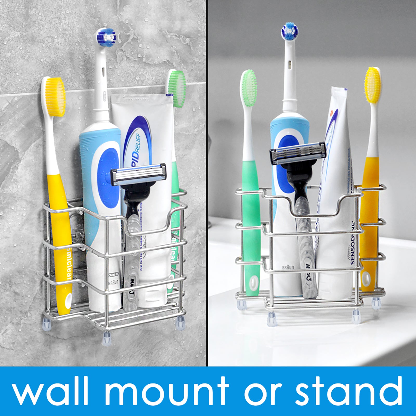 Linkidea 2 Pack Toothbrush Holder Wall Mounted, Stainless Steel Electric Toothbrush Stand Rack for Shower Bathroom, Self Adhesive 3 Slots Toothbrush Toothpaste Razor Countertop Organizer (Silver)