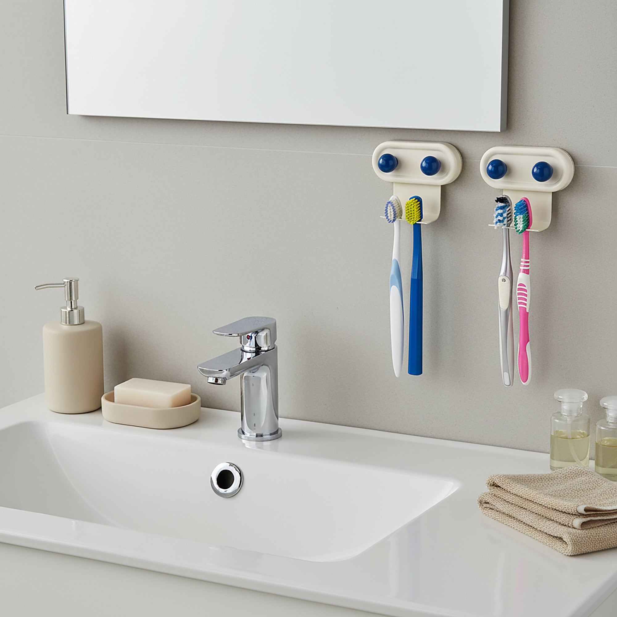Linkidea 2 Pack Wall Mount Toothbrush Holder for Bathroom, 2 Slots Self Adhesive Iron Brush Hanger Compatible with Oral-B CrossAction, Colgate ExtraClean(Blue Dot)