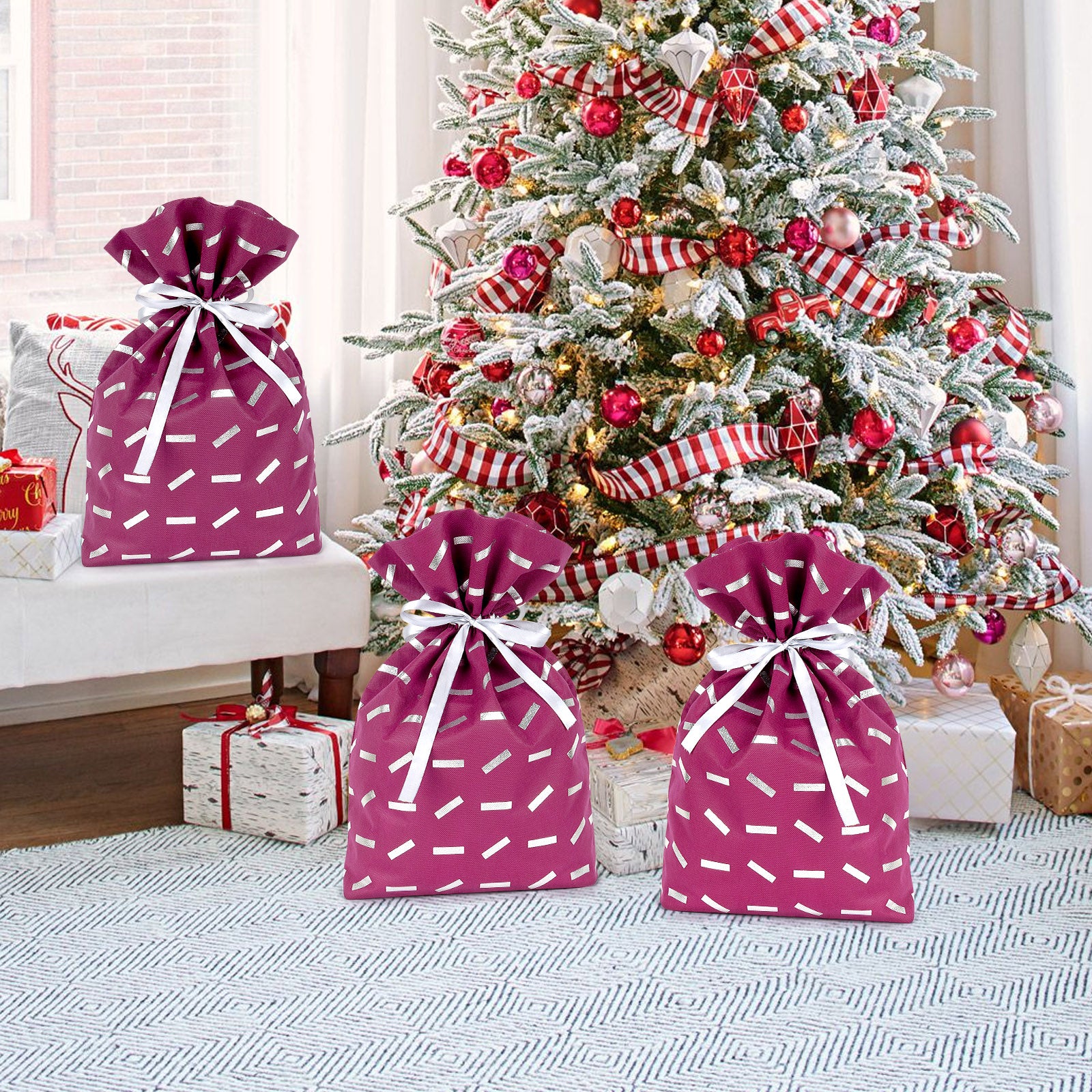 Linkidea 4 Pack Reusable Drawstring Gift Bags, Present Storage Bag for Birthday, Christmas, Non-Woven Fabric Gift Wrap Tote Bag for Kids Party Compatible with LEGO Toys (Size M / Purple)