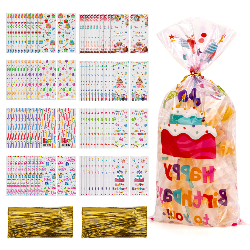 Linkidea 100 Pcs Birthday Treat Bags with 120 Gold Twist Ties, Clear Plastic Goodie Bags for Candy, Cookies, Party Favors, Birthday Supplies