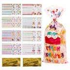 Linkidea 100 Pcs Birthday Treat Bags with 120 Gold Twist Ties, Clear Plastic Goodie Bags for Candy, Cookies, Party Favors, Birthday Supplies