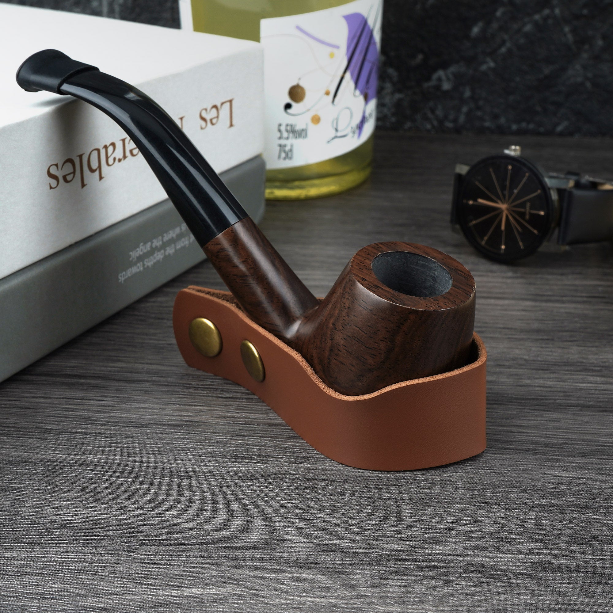 Linkidea Vegan Leather Tobacco Pipe Holder, Tobacco Pipe Stand Holder Rack, Portable Pipe Stand for Single Tobacco Pipe (Brown)