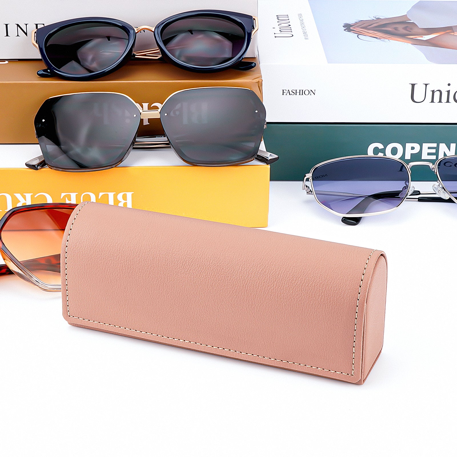 Hard Shell Sunglasses Case, Pink Vegan Leather Eyewear Storage Bag Pouch Organizer Compatible with Persol PO3357S PO3235S PO3366S RayBan RB3647N RB2197
