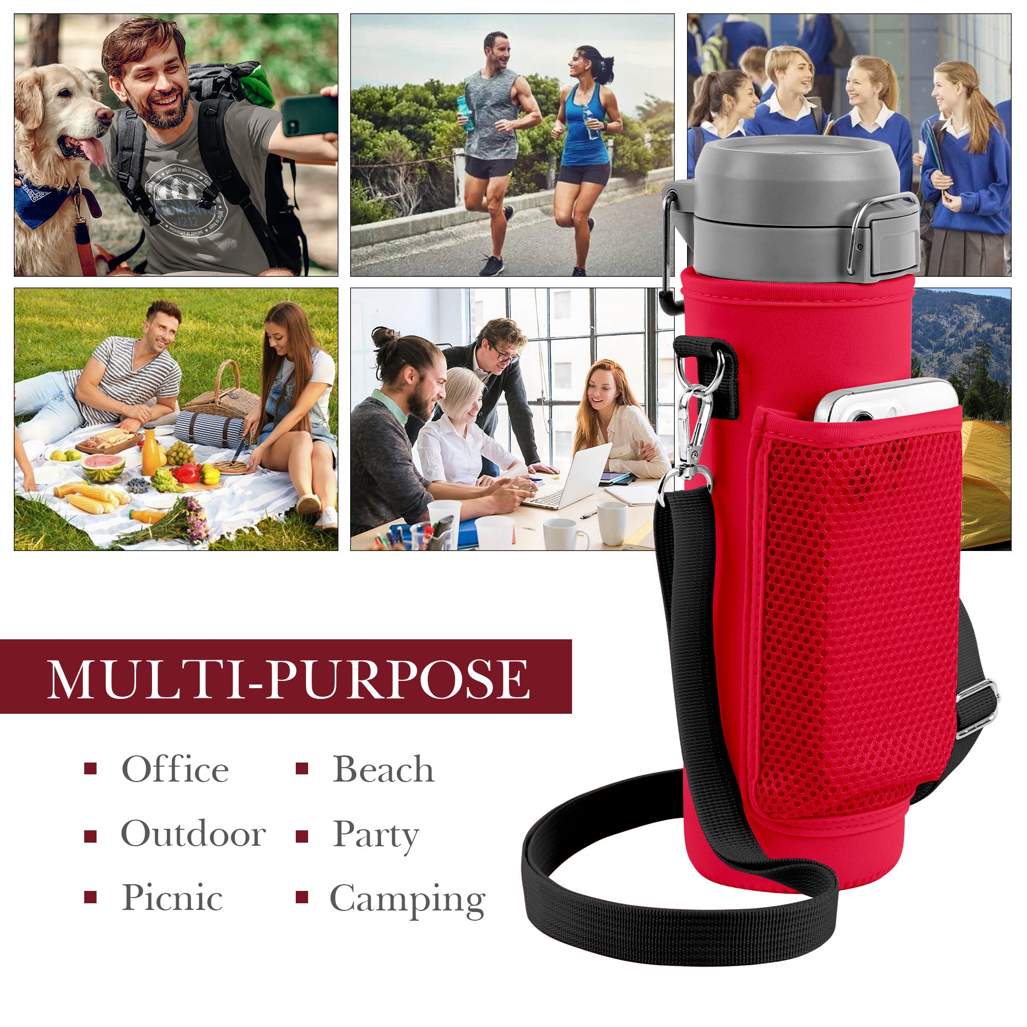 Linkidea Water Bottle Carrier with Strap Compatible with Stanley Quick Flip GO 24/36oz, IceFlow Fast Flow 24/36oz, Waterbottle Sling Bag Holder, Shoulder Strap with Phone Mesh Pocket, Red