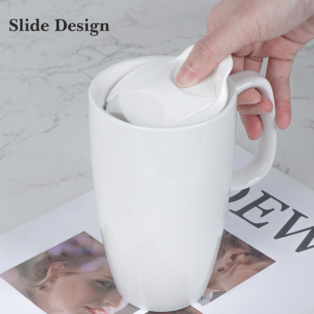 Linkidea Ceramic Coffee Mug with Slide Lid, 20oz Extra Large Travel Coffee Cup with Handle, Reusable Tall Coffee Mugs Large Capacity Drinking Teacups, Microwave and Dishwasher Safe