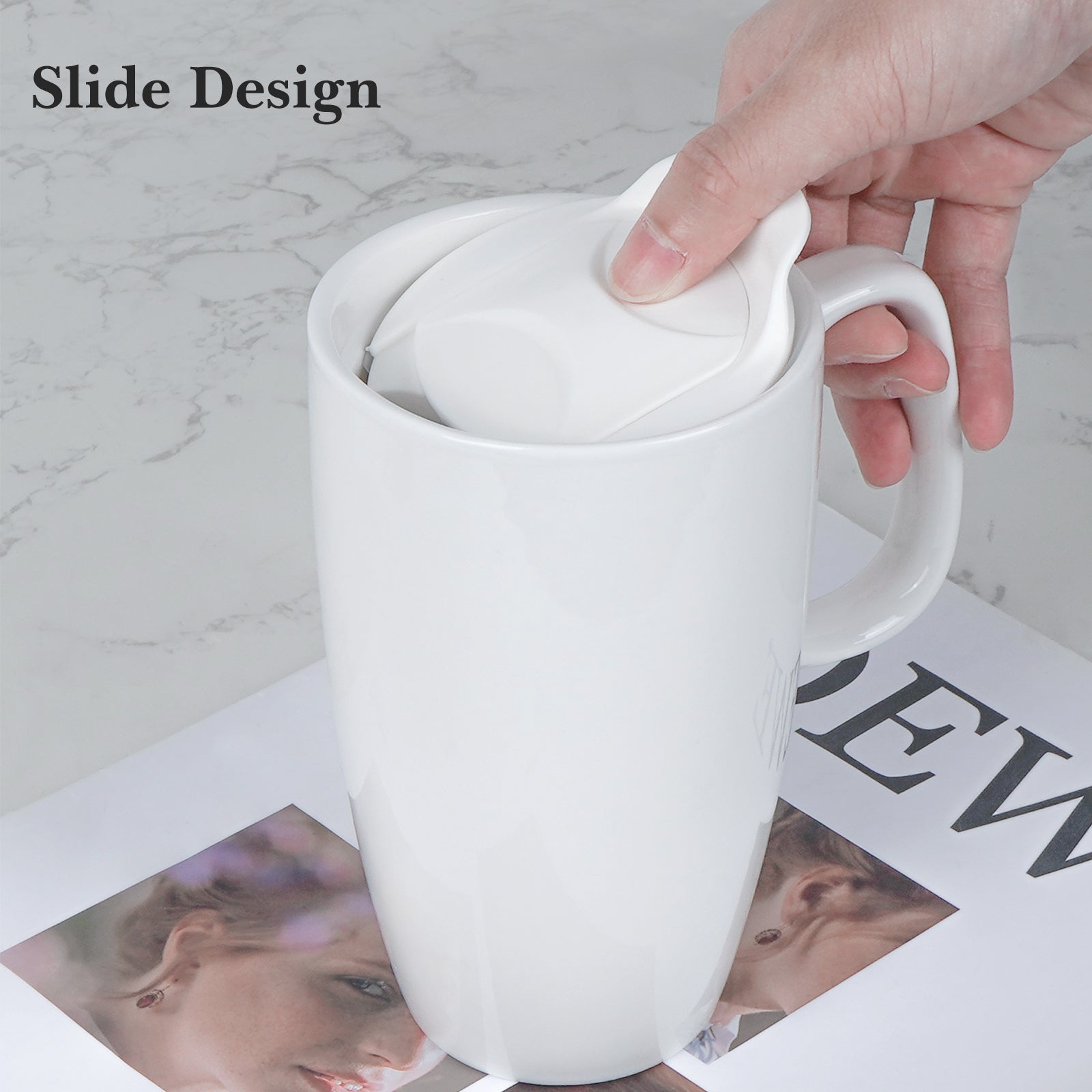 Linkidea Ceramic Coffee Mug with Slide Lid, 20oz Extra Large Travel Coffee Cup with Handle, Reusable Tall Coffee Mugs Large Capacity Drinking Teacups, Microwave and Dishwasher Safe