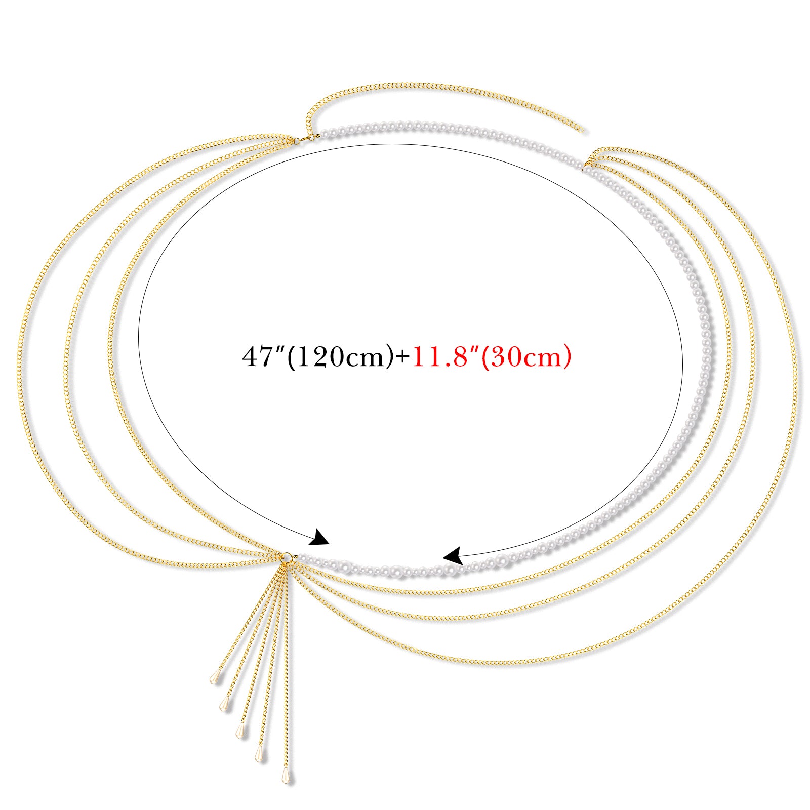 Plus Size Chain Belt for Women, Gold Color and White Faux Pearl Waist Chains, Extra Long Body Chain, 47-59 Inch Adjustable Chunky Belt Chain